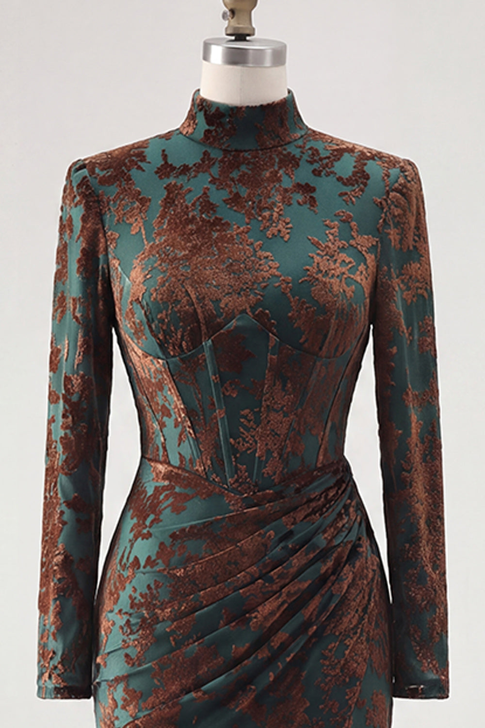 Dark Green Corset Mermaid Floral Long Sleeves Velvet Holiday Dress with Slit