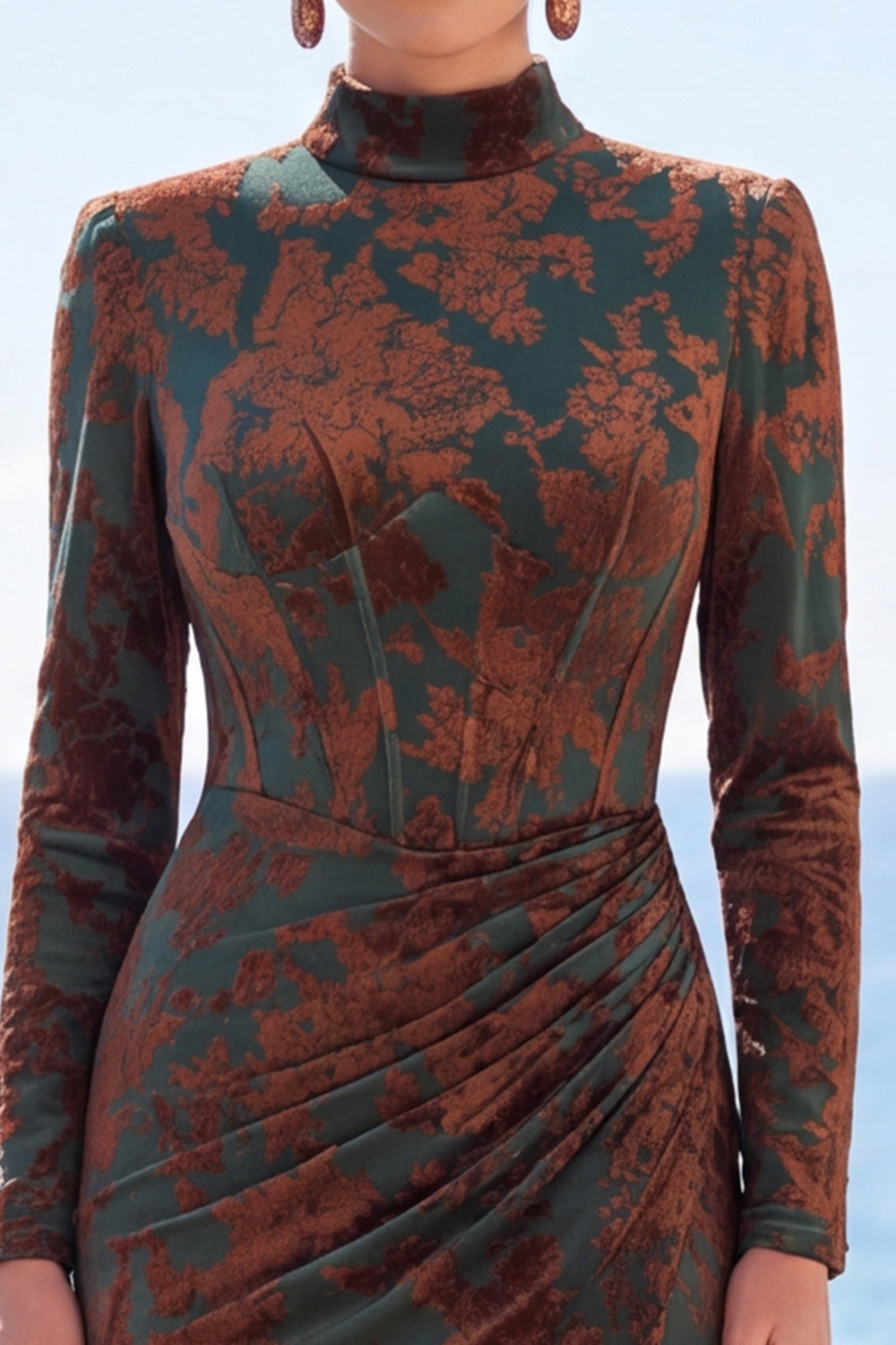 Dark Green Corset Mermaid Floral Long Sleeves Velvet Holiday Dress with Slit