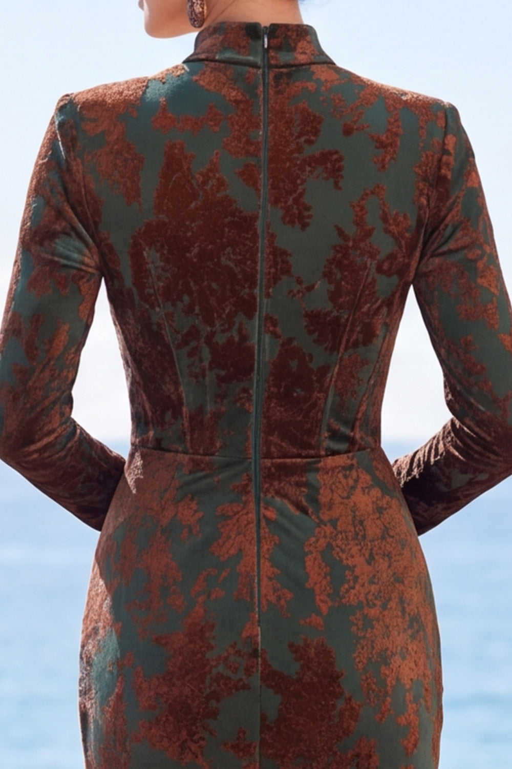 Dark Green Corset Mermaid Floral Long Sleeves Velvet Holiday Dress with Slit