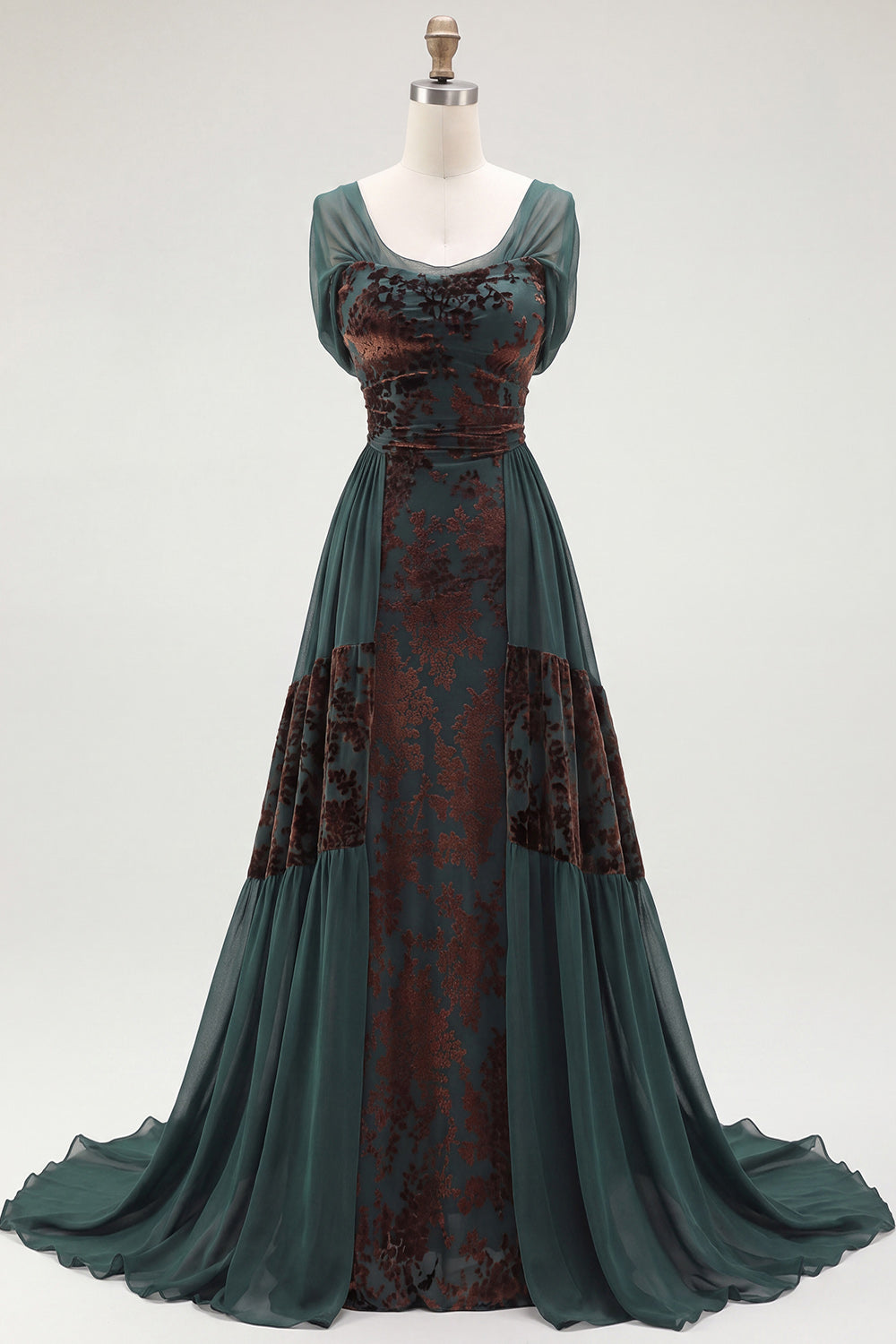 Velvet Dark Green Floral A Line Long Holiday Dress with Sleeves
