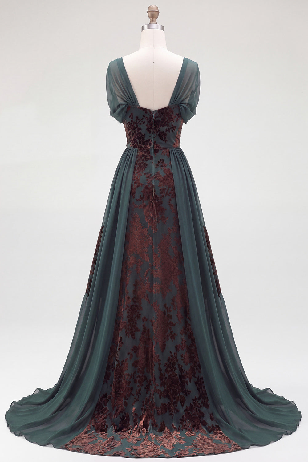 Velvet Dark Green Floral A Line Long Holiday Dress with Sleeves