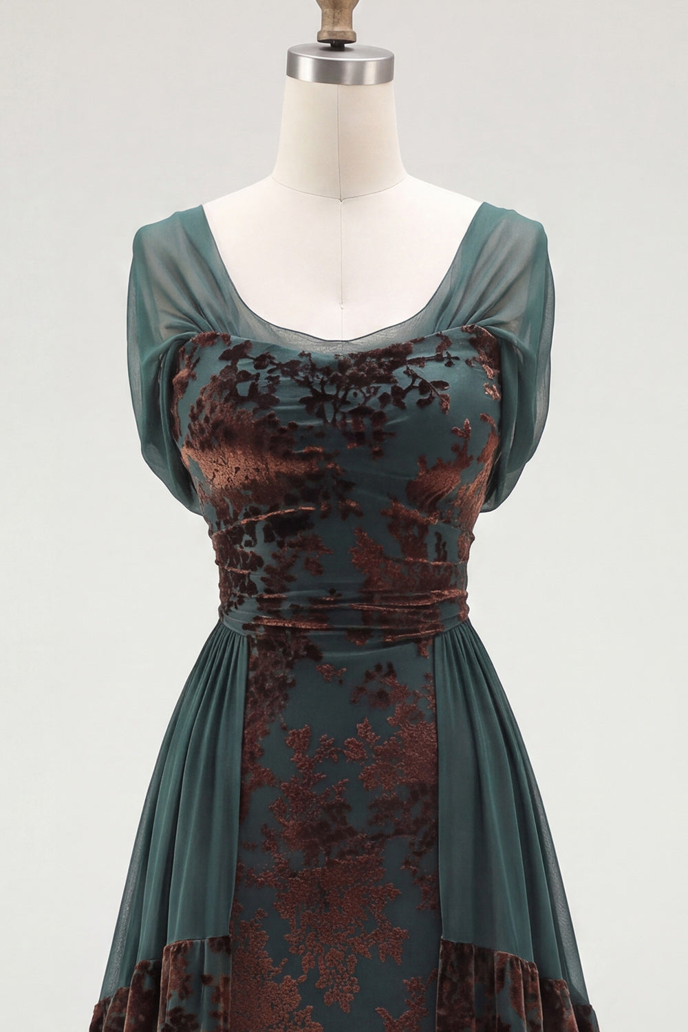 Velvet Dark Green Floral A Line Long Holiday Dress with Sleeves
