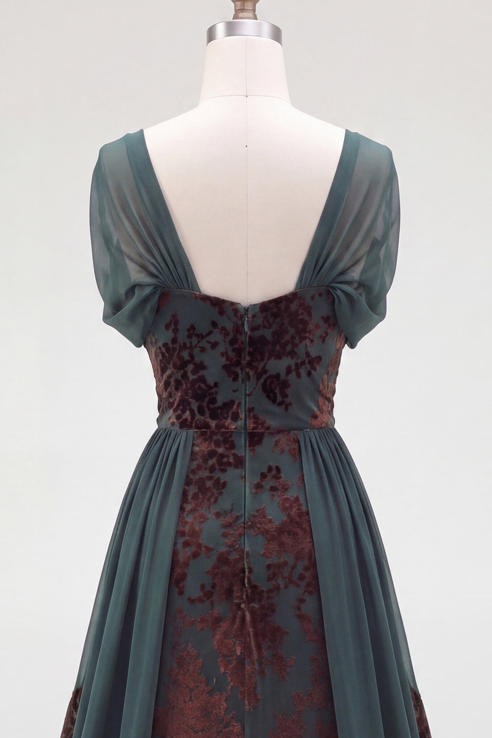 Velvet Dark Green Floral A Line Long Holiday Dress with Sleeves