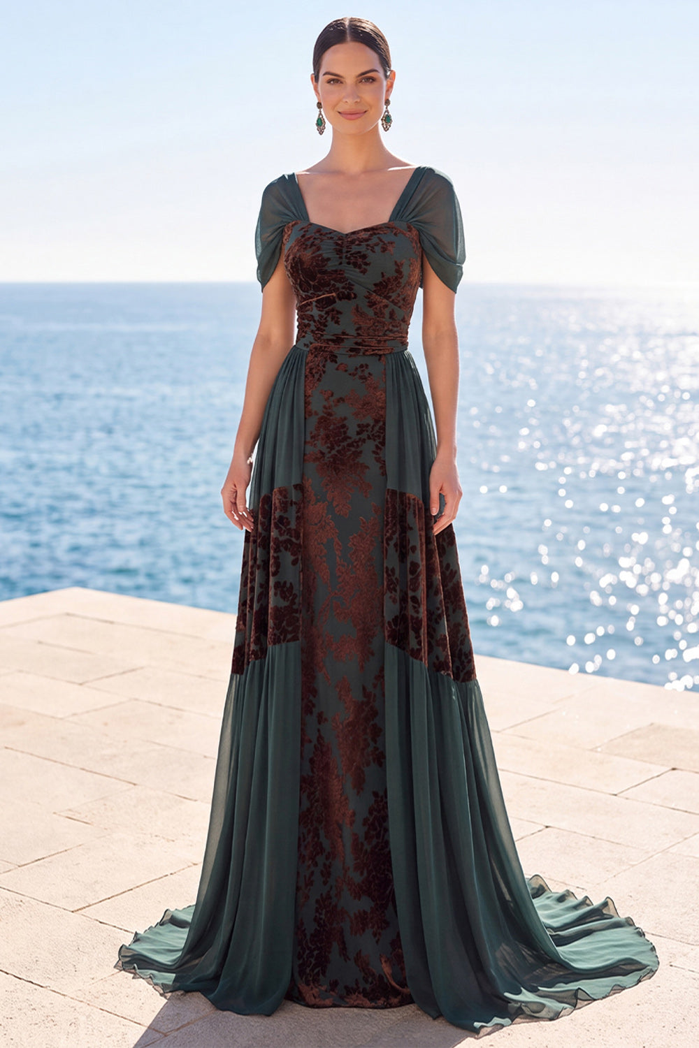 Velvet Dark Green Floral A Line Long Holiday Dress with Sleeves