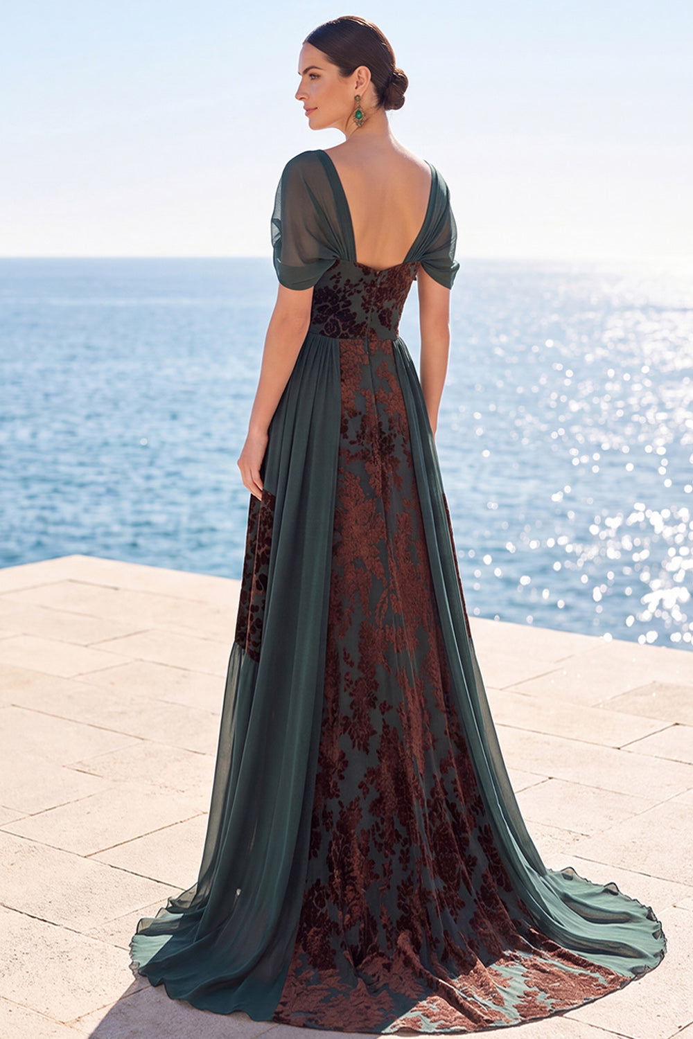 Velvet Dark Green Floral A Line Long Holiday Dress with Sleeves