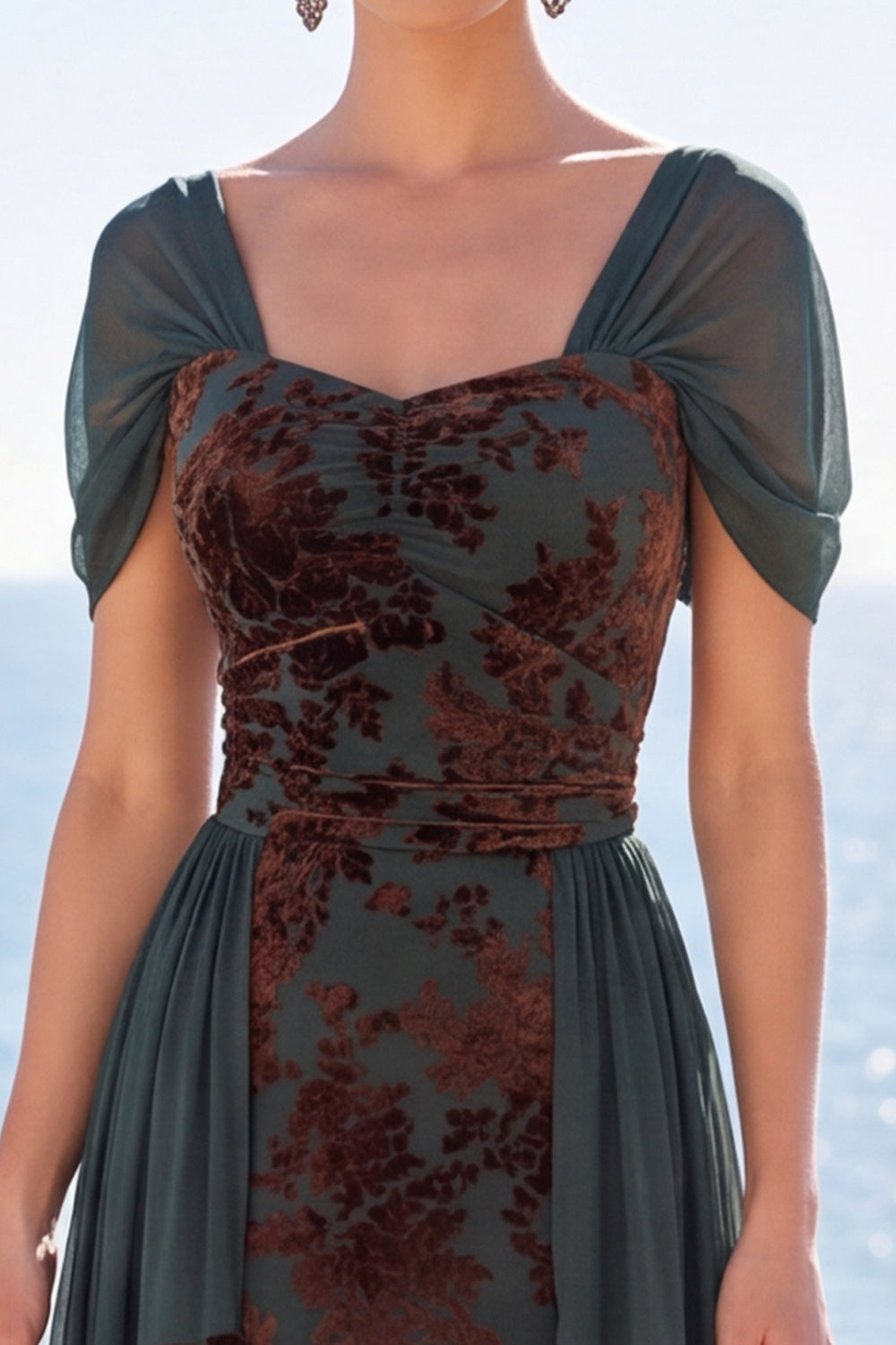 Velvet Dark Green Floral A Line Long Holiday Dress with Sleeves