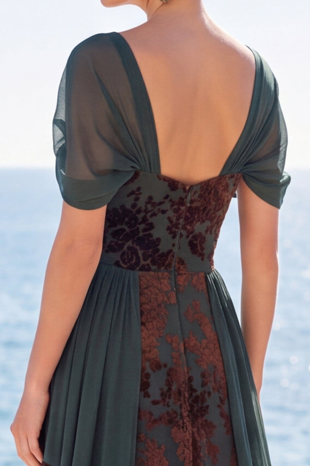 Velvet Dark Green Floral A Line Long Holiday Dress with Sleeves