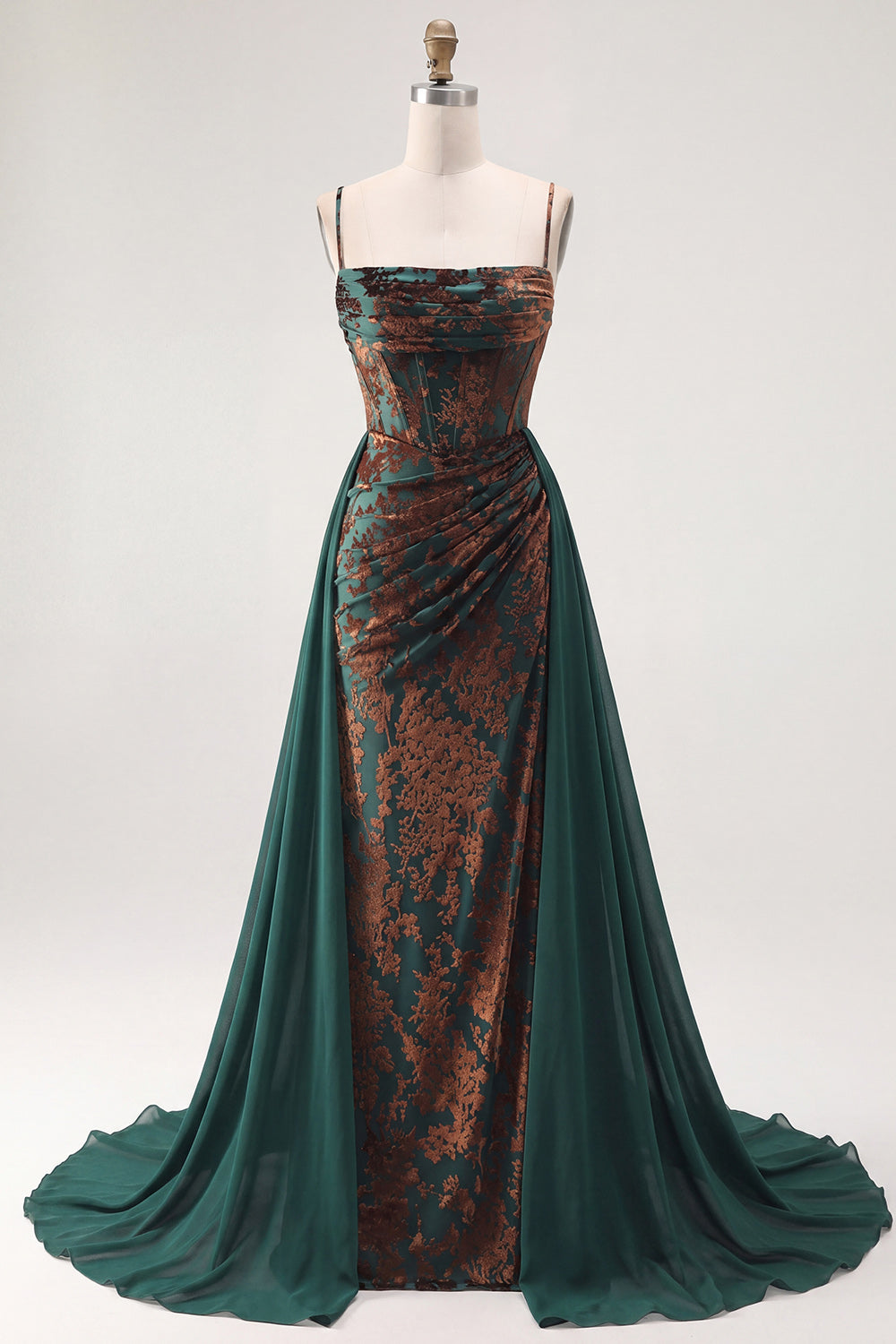 Corset Floral Dark Green Sheath Long Velvet Holiday Dress with Cape