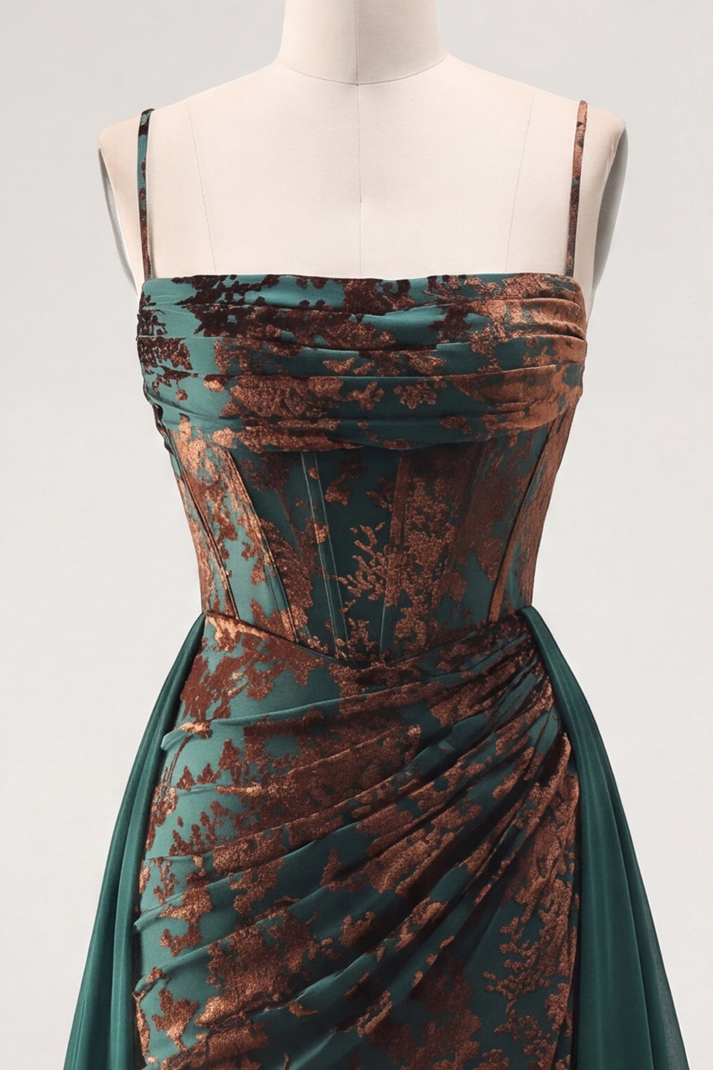 Corset Floral Dark Green Sheath Long Velvet Holiday Dress with Cape