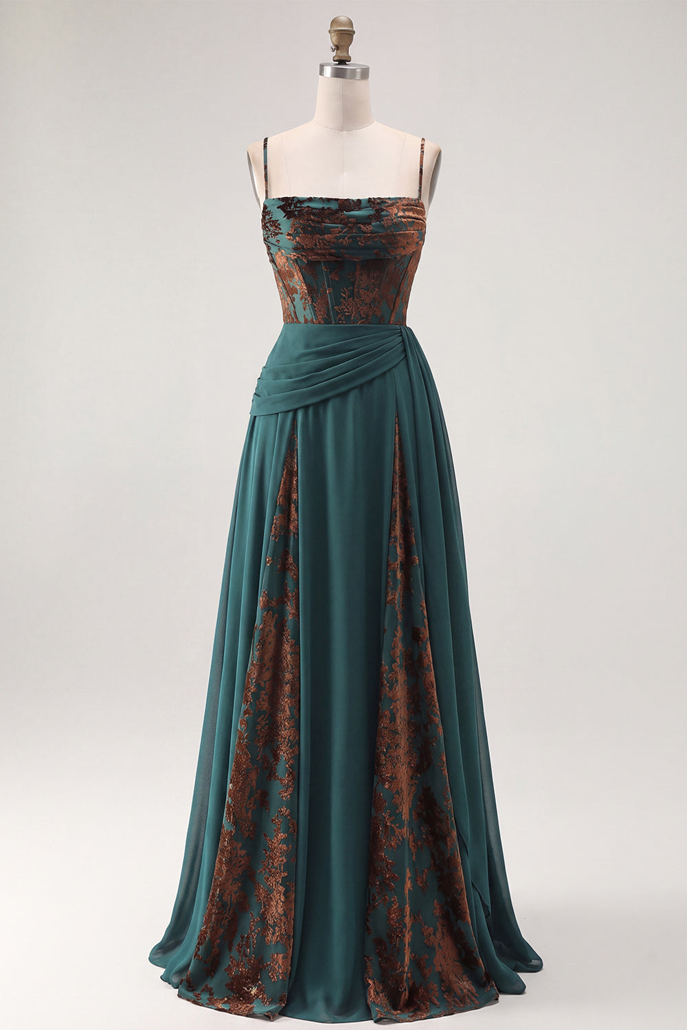Floral A Line Dark Green Ruched Corset Long Velvet Holiday Dress
