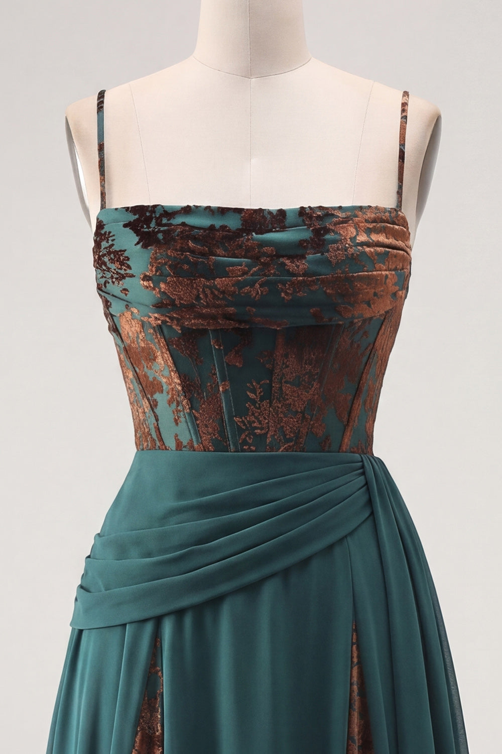 Floral A Line Dark Green Ruched Corset Long Velvet Holiday Dress