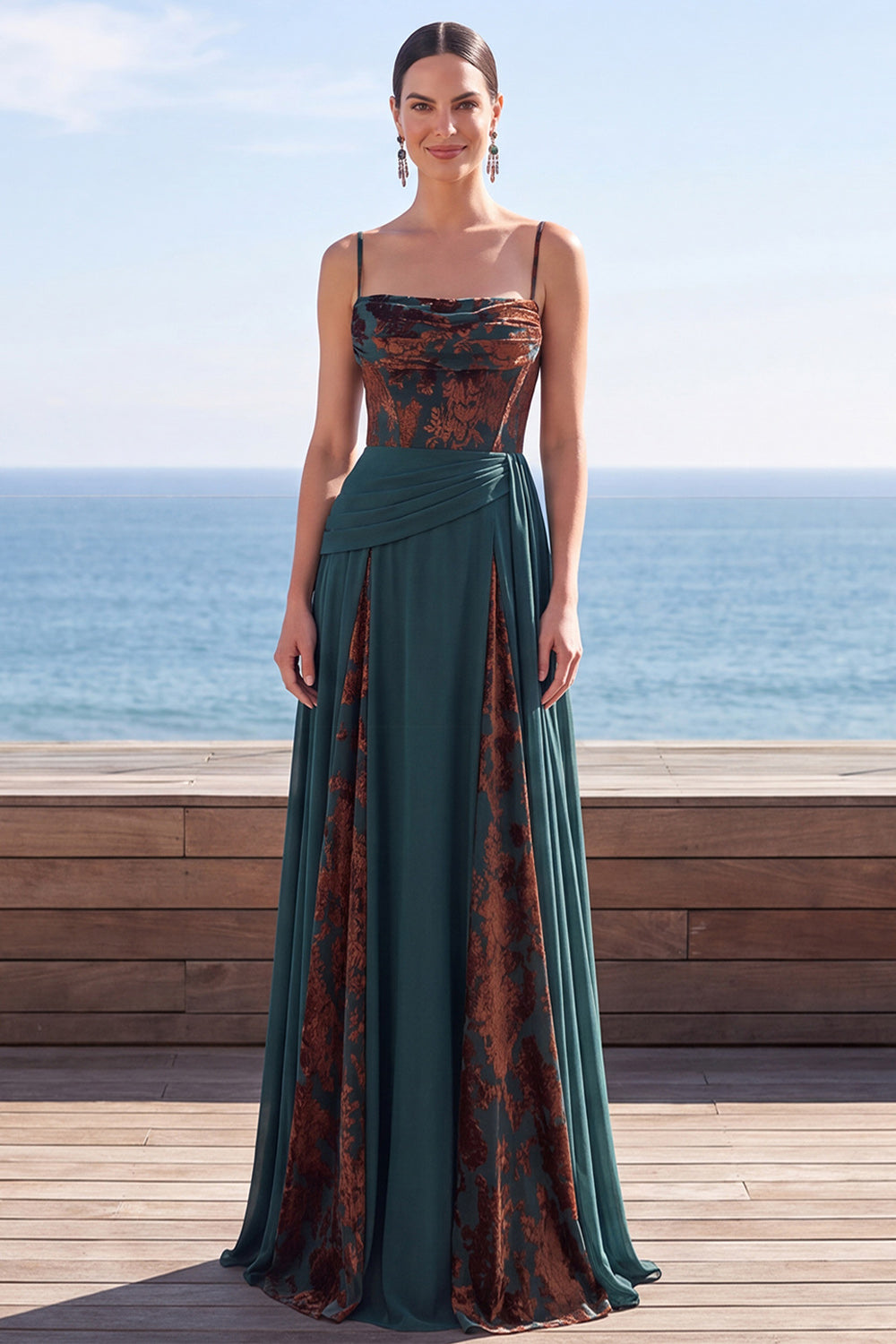 Floral A Line Dark Green Ruched Corset Long Velvet Holiday Dress