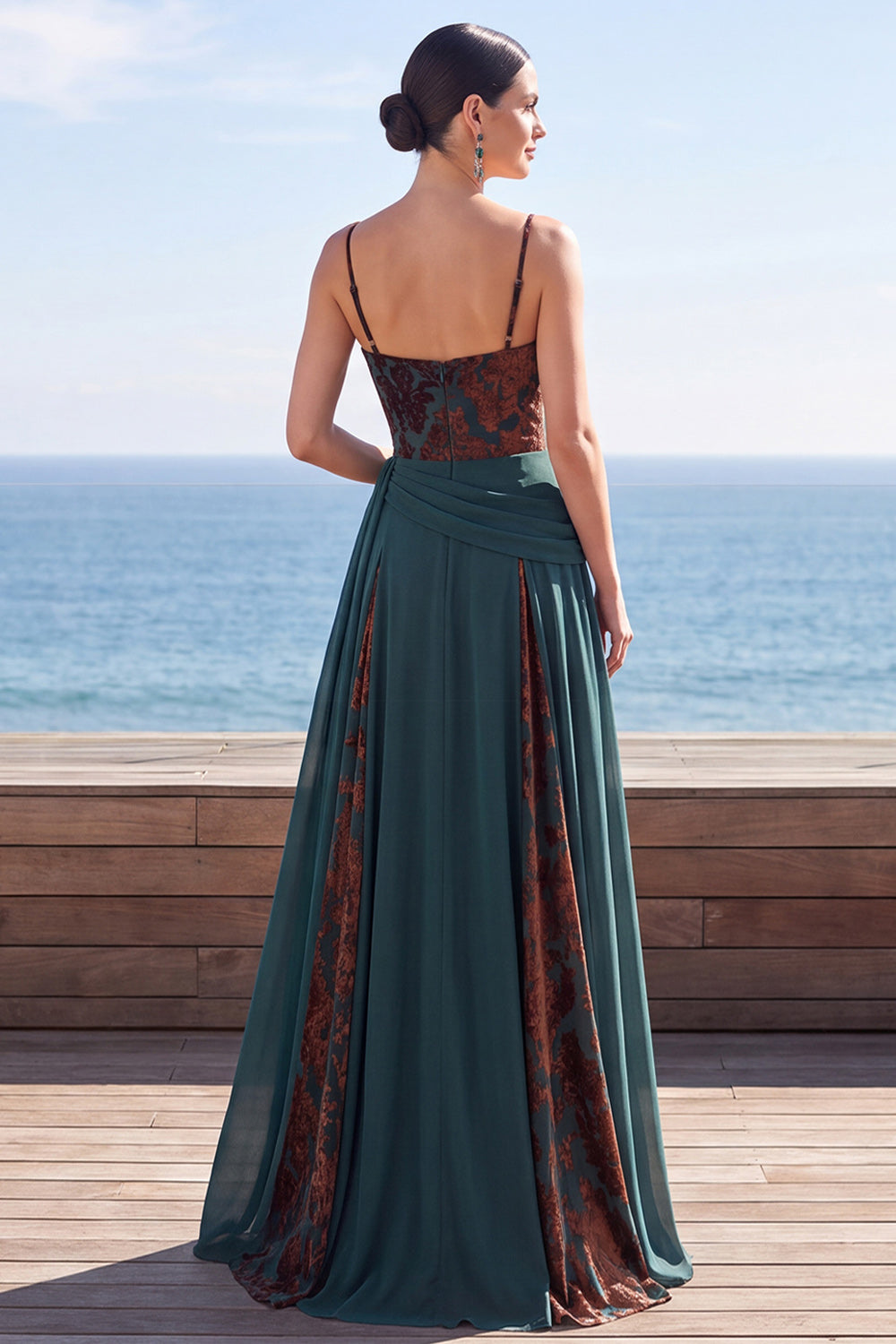 Floral A Line Dark Green Ruched Corset Long Velvet Holiday Dress