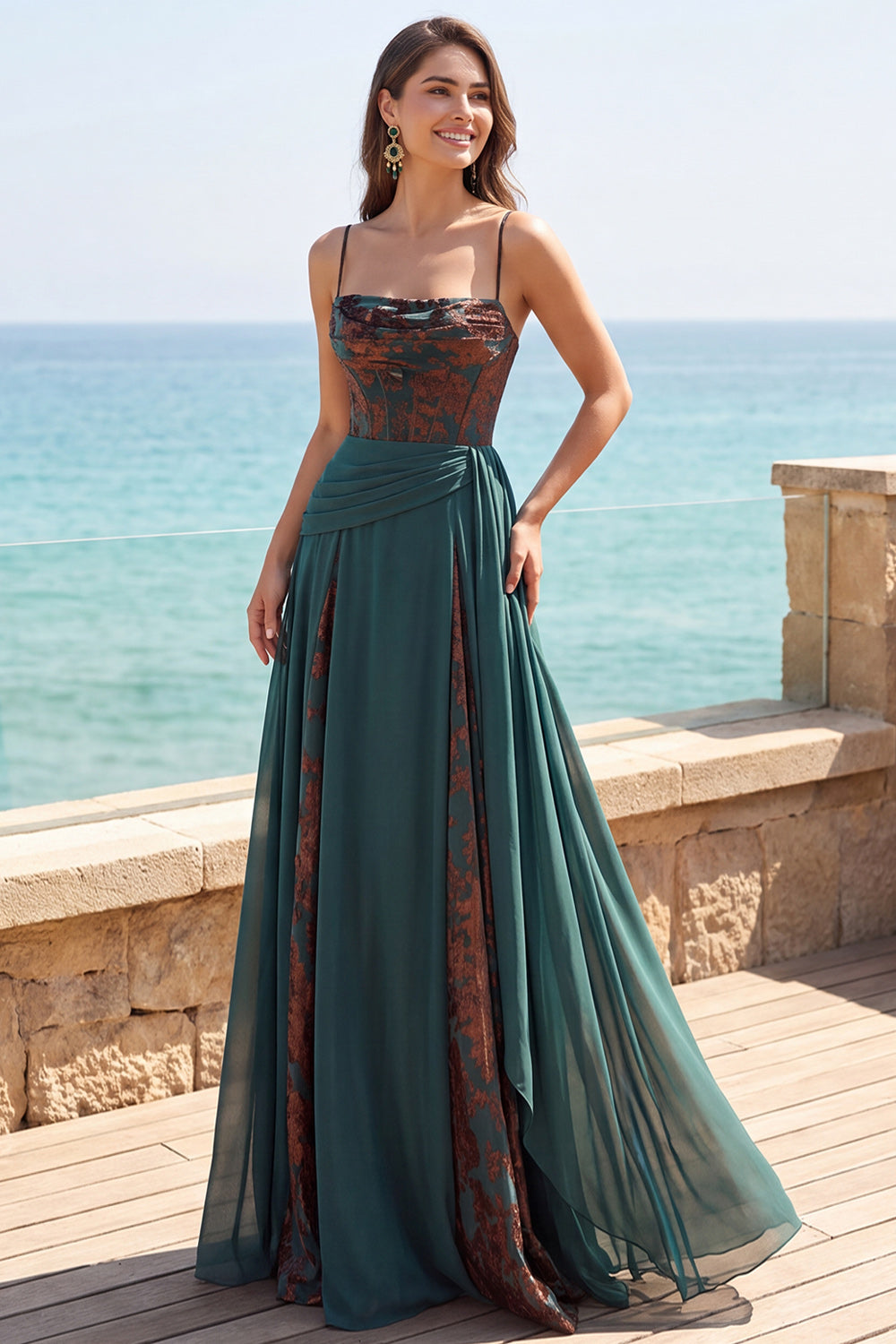 Floral A Line Dark Green Ruched Corset Long Velvet Holiday Dress
