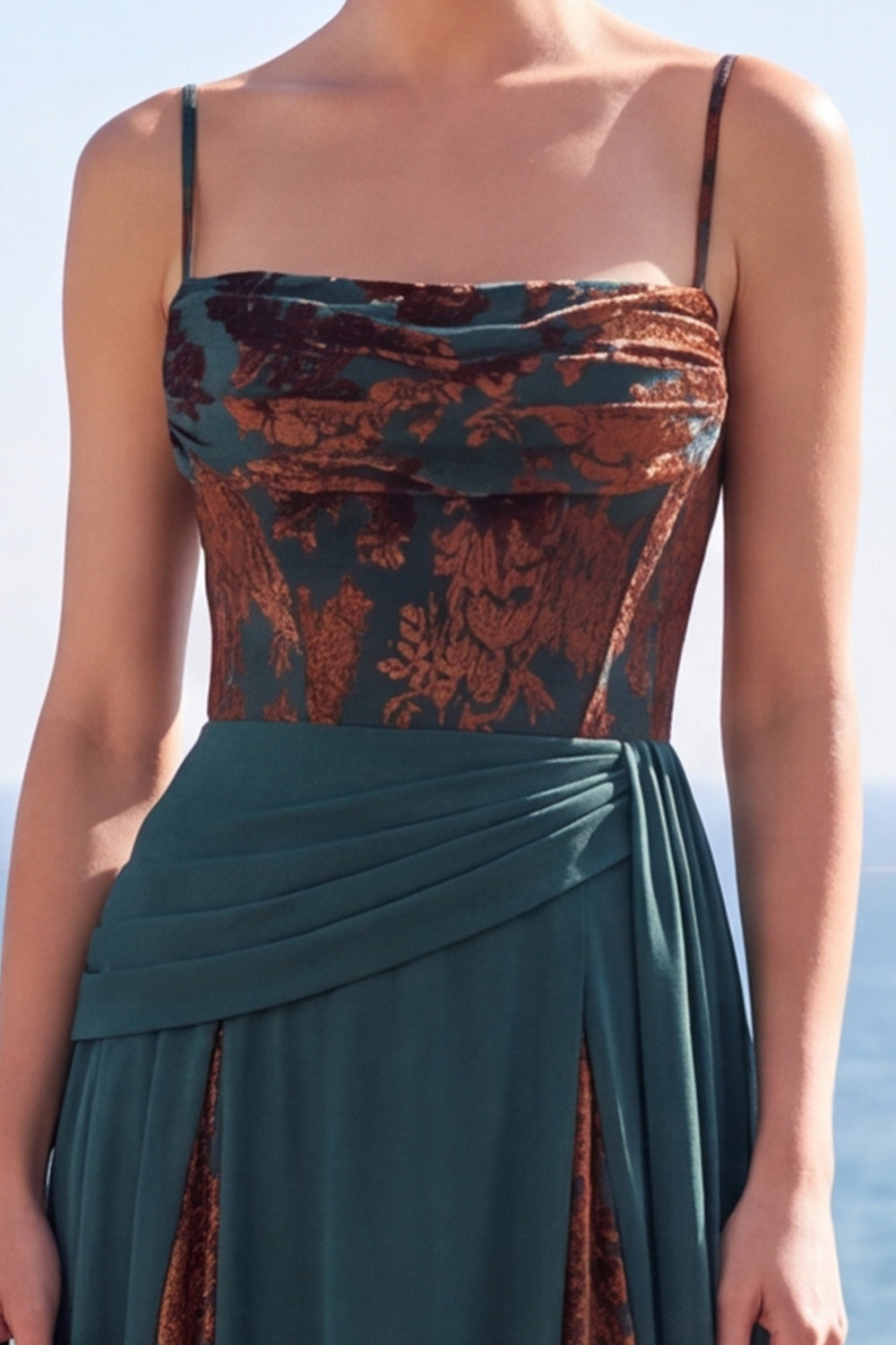 Floral A Line Dark Green Ruched Corset Long Velvet Holiday Dress