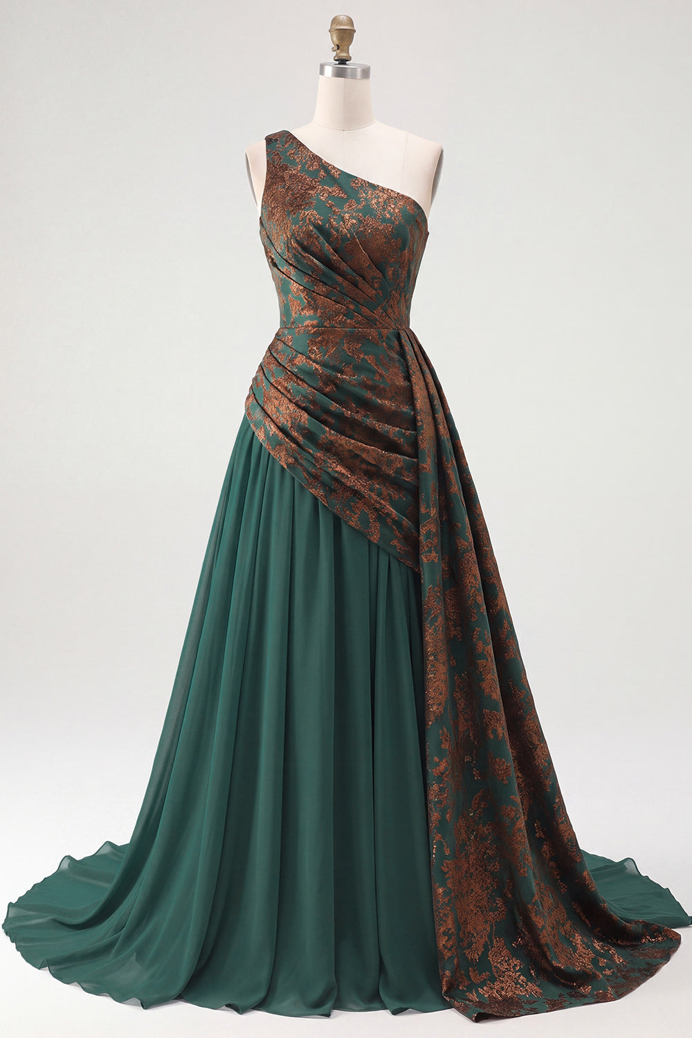 Dark Green One Shoulder Ruched A Line Long Velvet Holiday Dress