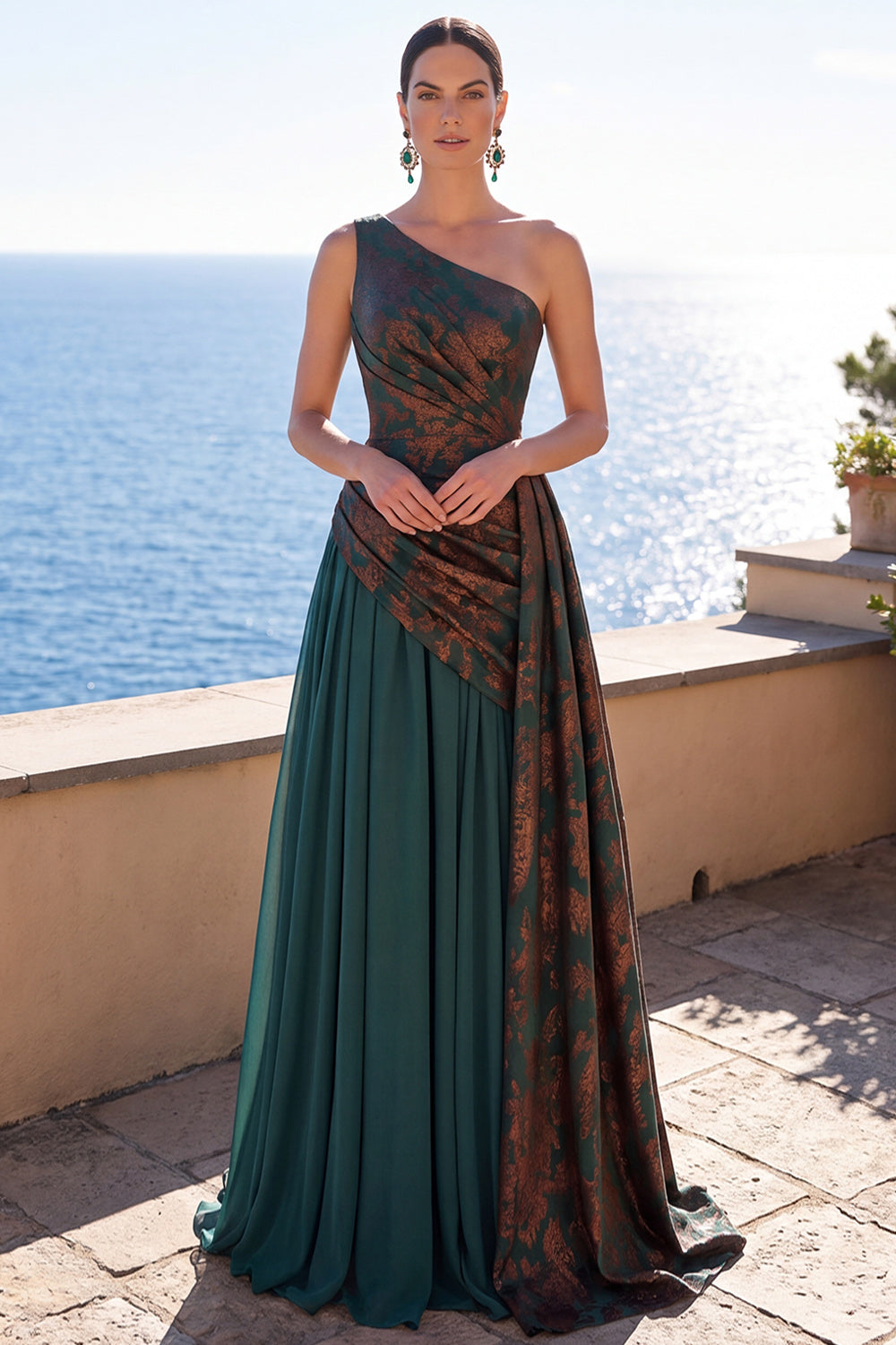 Dark Green One Shoulder Ruched A Line Long Velvet Holiday Dress
