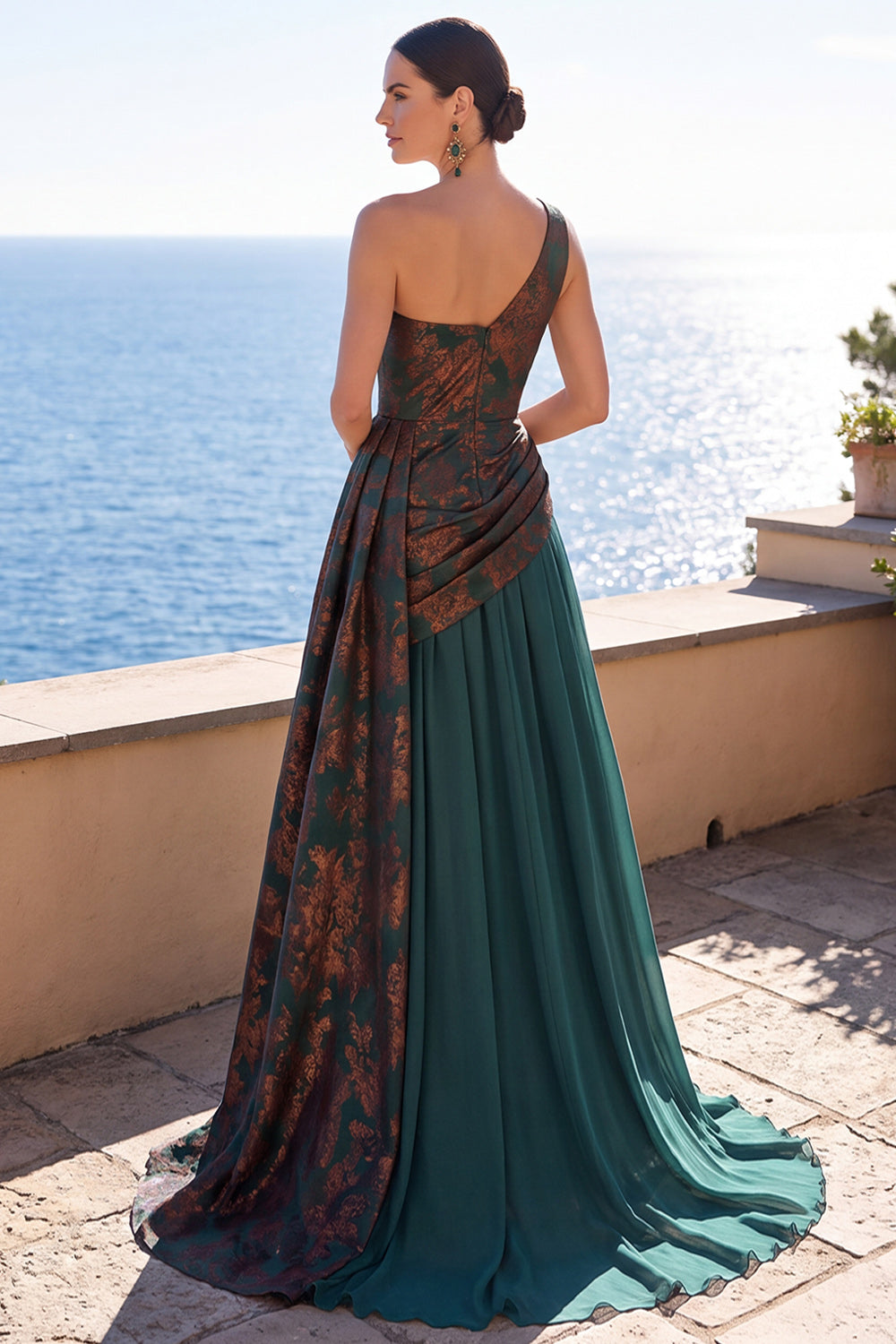 Dark Green One Shoulder Ruched A Line Long Velvet Holiday Dress