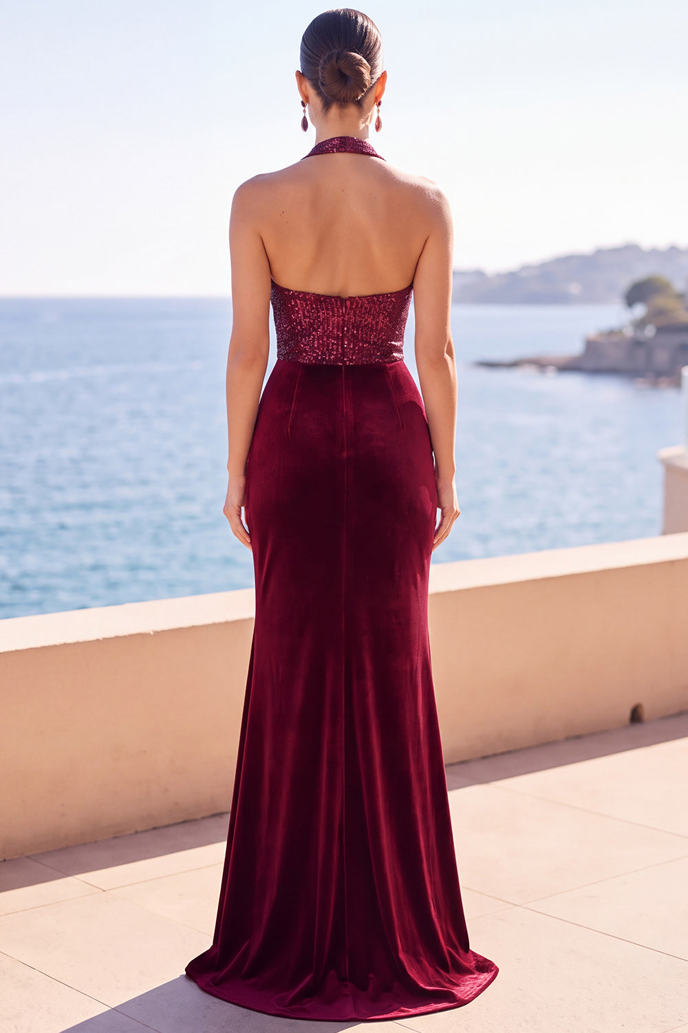 Dark Green Mermaid Halter Sequins Ruched Long Velvet Formal Dress with Slit