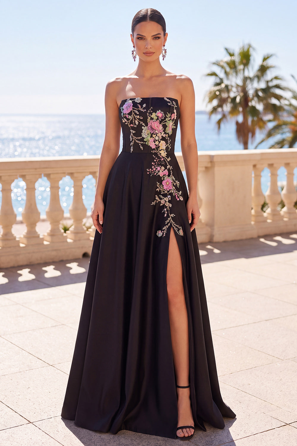 Black Satin Floral A-Line Strapless Long Corset Formal Dress with Slit