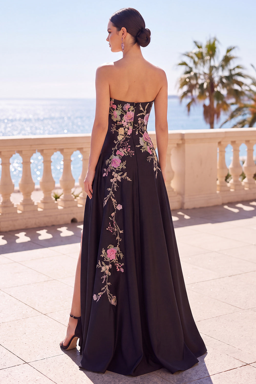 Black Satin Floral A-Line Strapless Long Corset Formal Dress with Slit