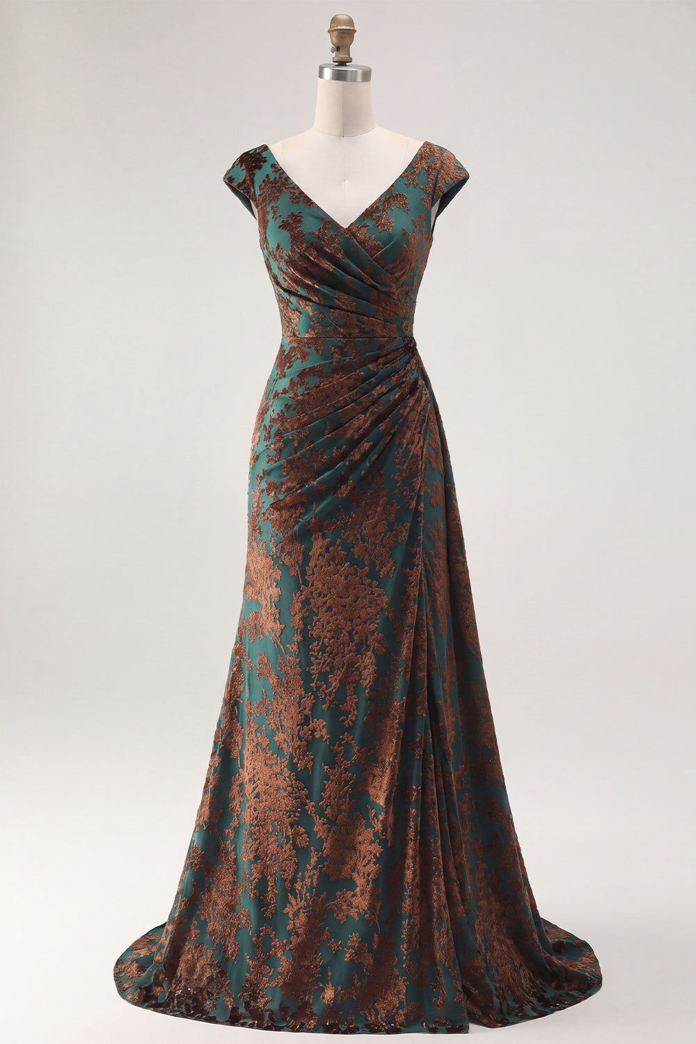 Floral V-Neck Dark Green Ruched Long Velvet Holiday Dress
