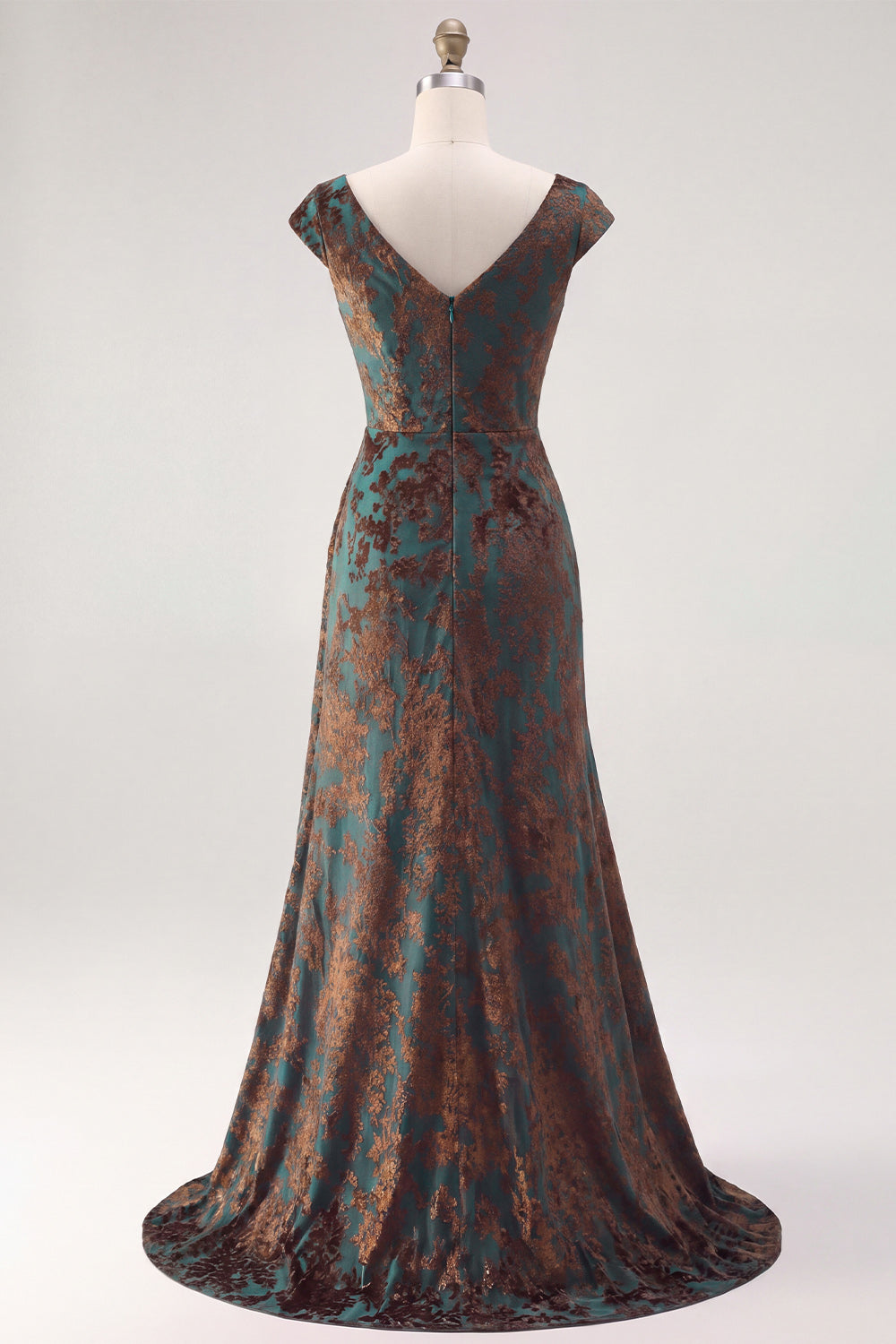 Floral V-Neck Dark Green Ruched Long Velvet Holiday Dress