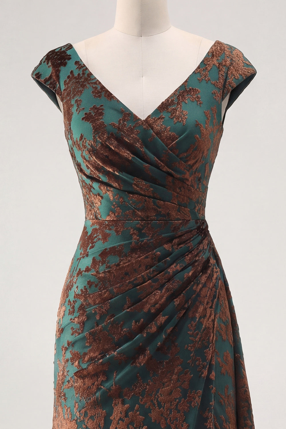 Floral V-Neck Dark Green Ruched Long Velvet Holiday Dress