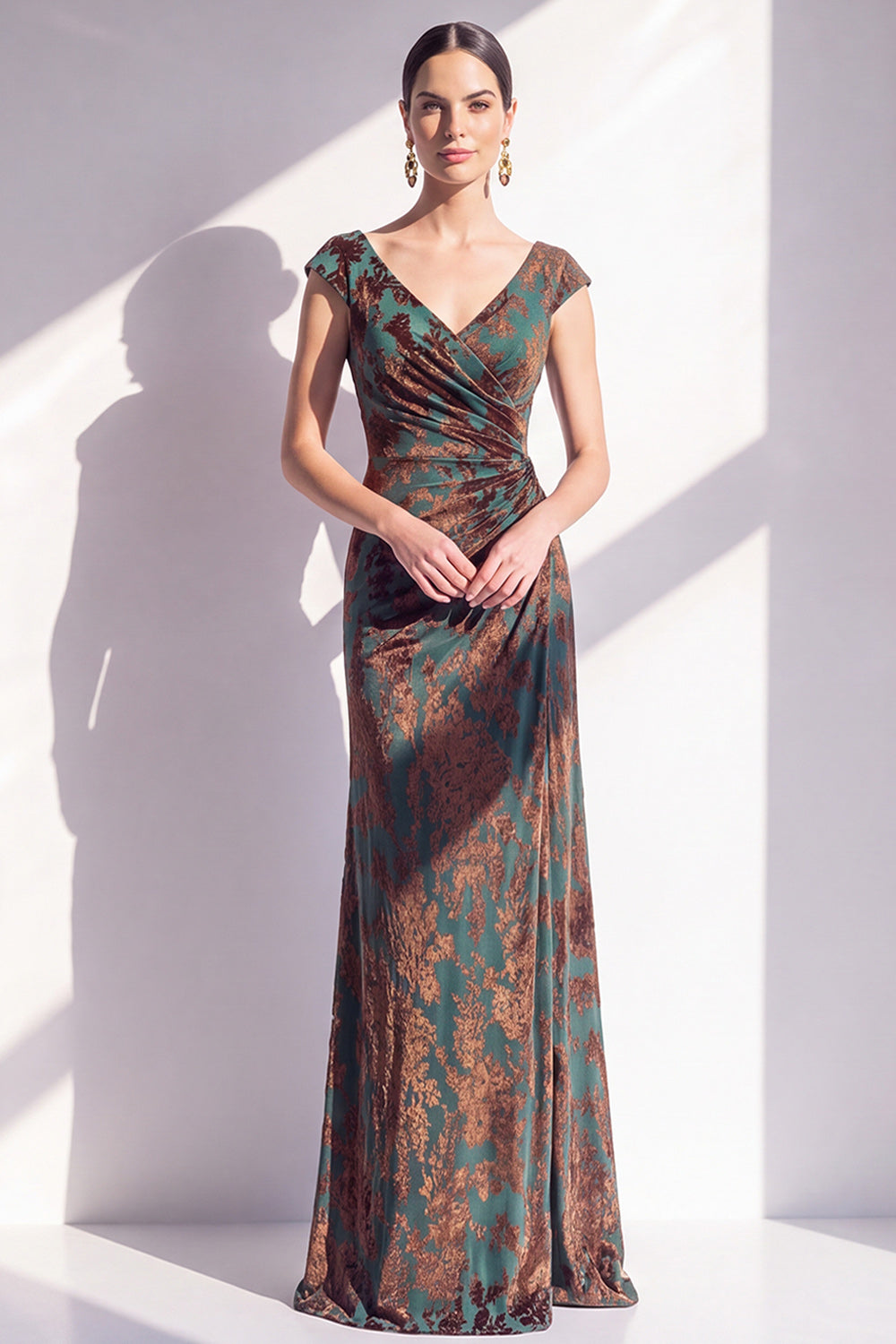 Floral V-Neck Dark Green Ruched Long Velvet Holiday Dress