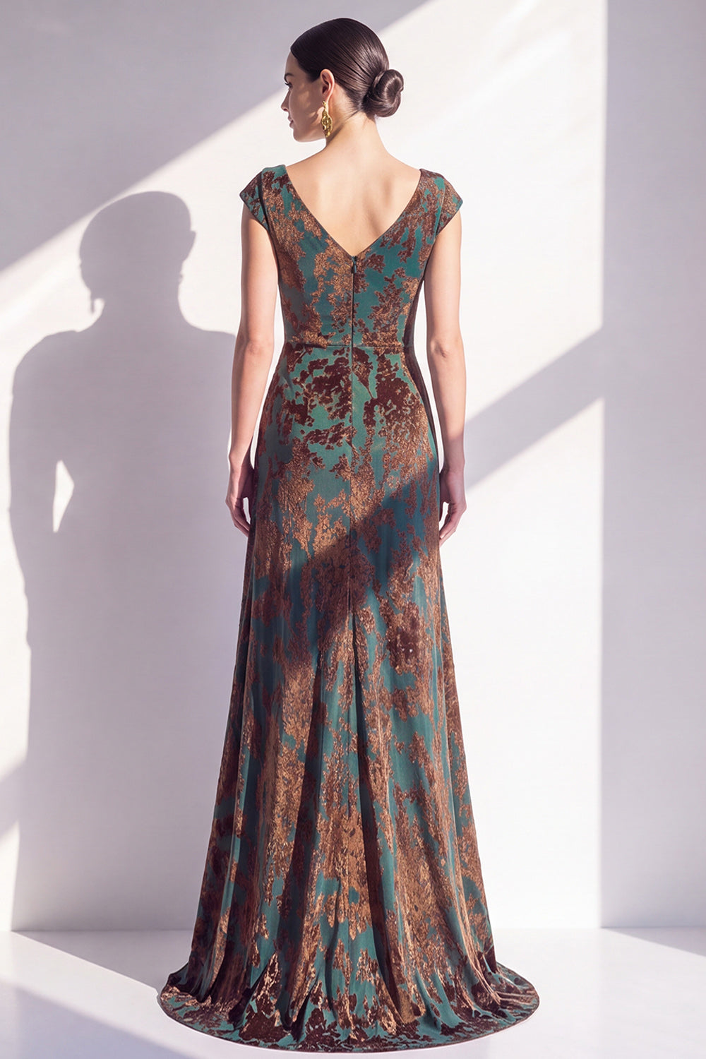 Floral V-Neck Dark Green Ruched Long Velvet Holiday Dress