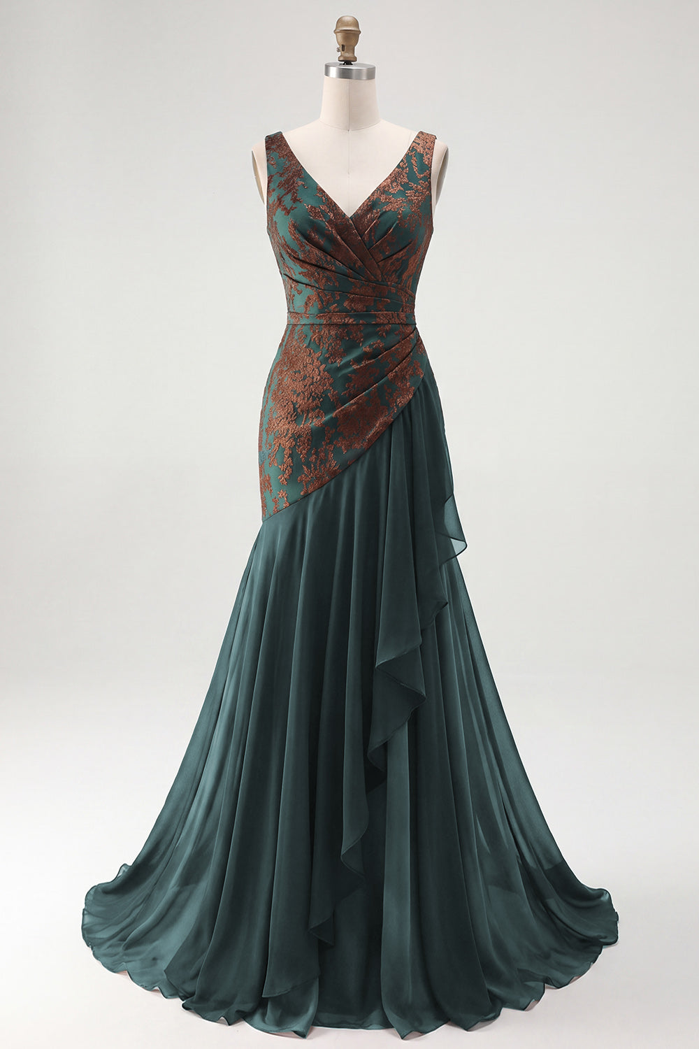 Floral Mermaid Dark Green V-Neck Ruched Long Velvet Holiday Dress