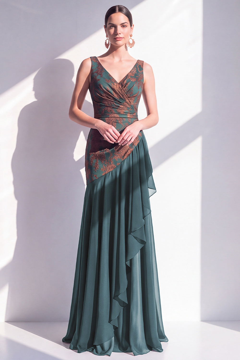 Floral Mermaid Dark Green V-Neck Ruched Long Velvet Holiday Dress