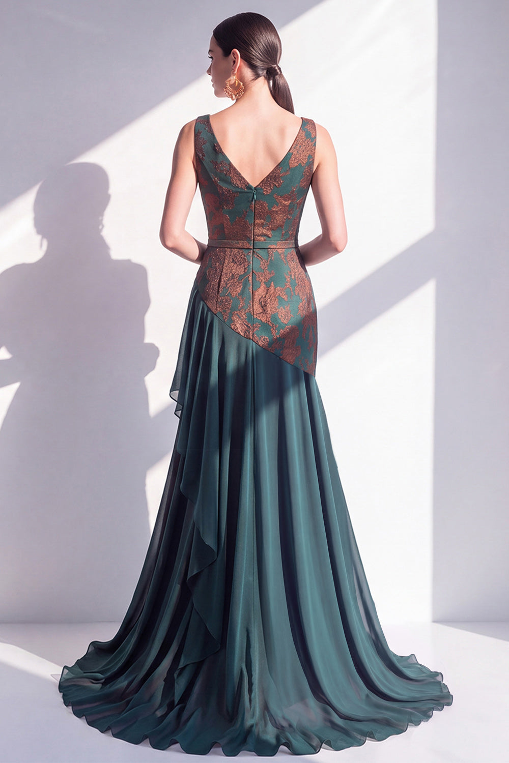 Floral Mermaid Dark Green V-Neck Ruched Long Velvet Holiday Dress
