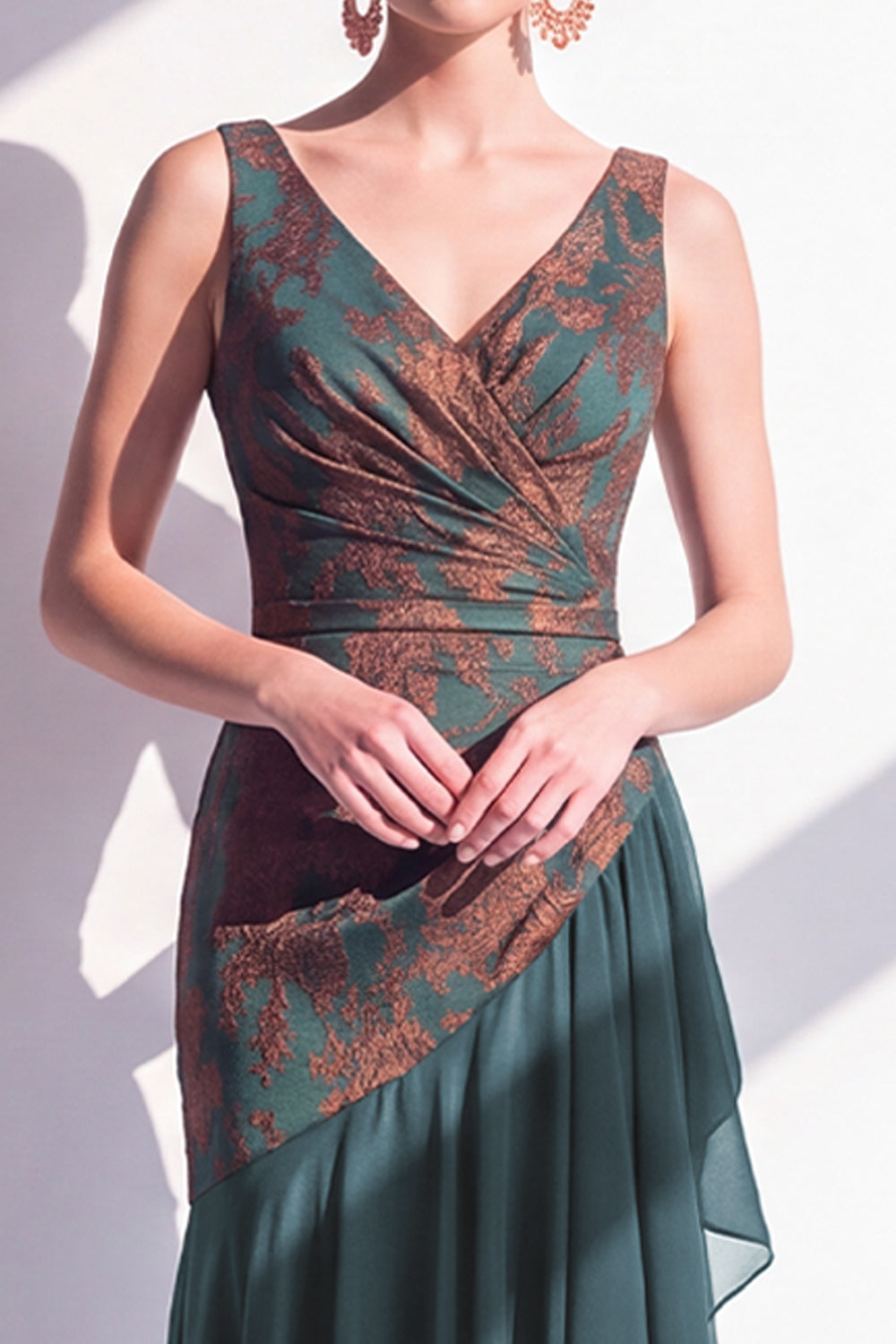 Floral Mermaid Dark Green V-Neck Ruched Long Velvet Holiday Dress