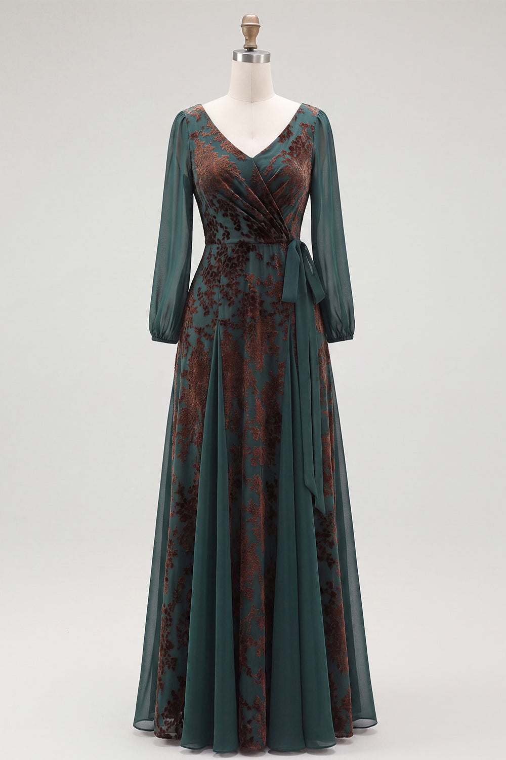 Floral V-Neck Dark Green Ruched Long Sleeves Velvet Holiday Dress with Sash