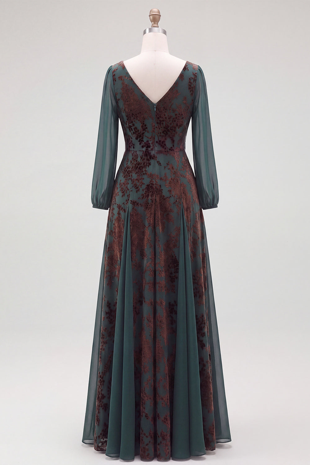 Floral V-Neck Dark Green Ruched Long Sleeves Velvet Holiday Dress with Sash
