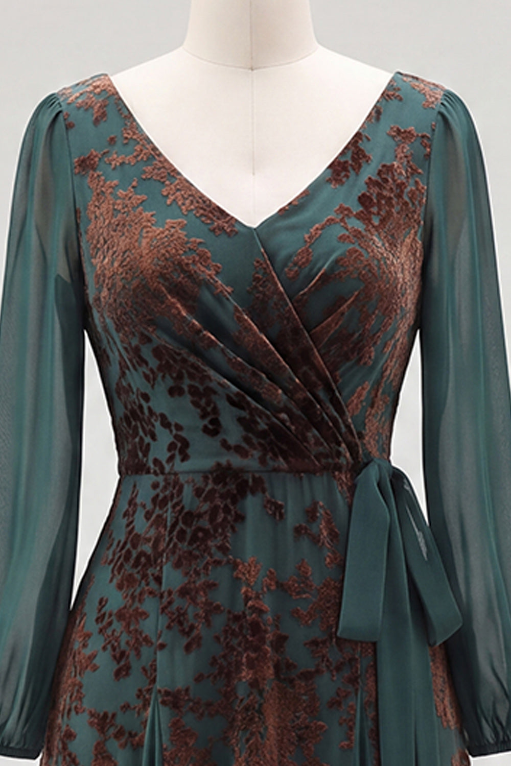 Floral V-Neck Dark Green Ruched Long Sleeves Velvet Holiday Dress with Sash