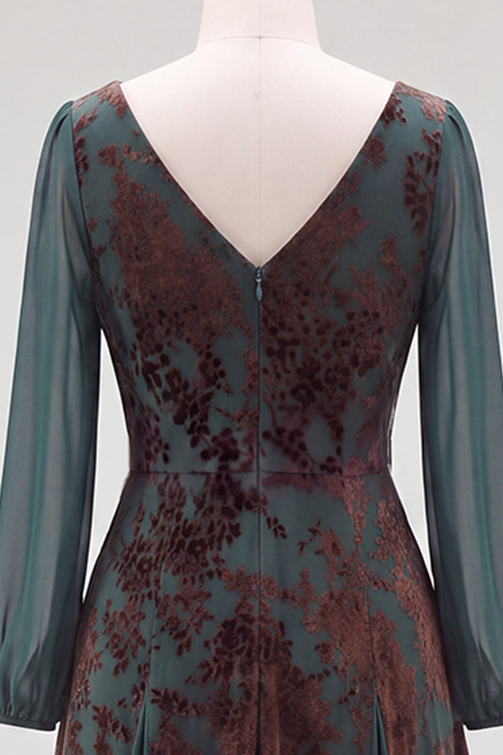 Floral V-Neck Dark Green Ruched Long Sleeves Velvet Holiday Dress with Sash