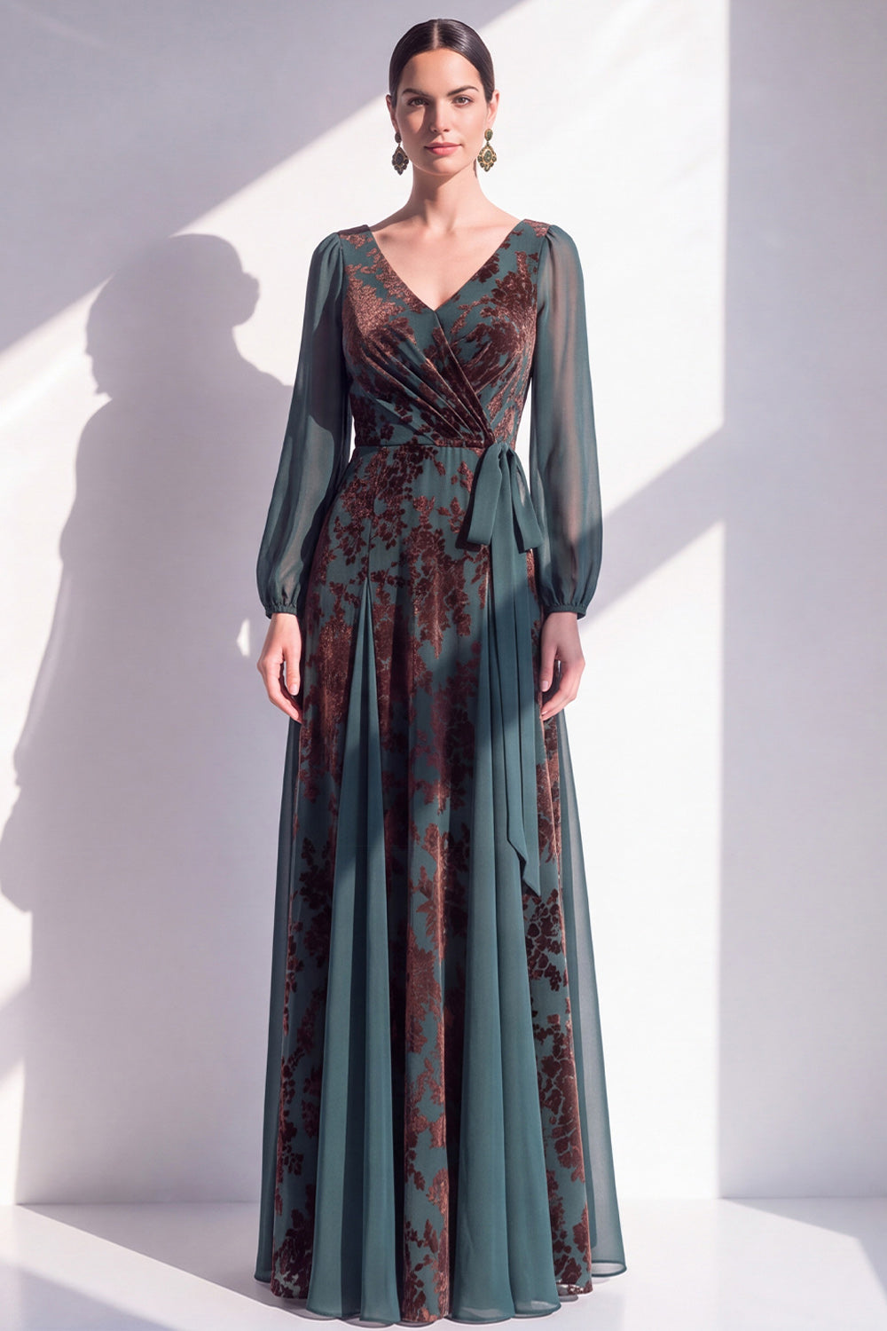 Floral V-Neck Dark Green Ruched Long Sleeves Velvet Holiday Dress with Sash
