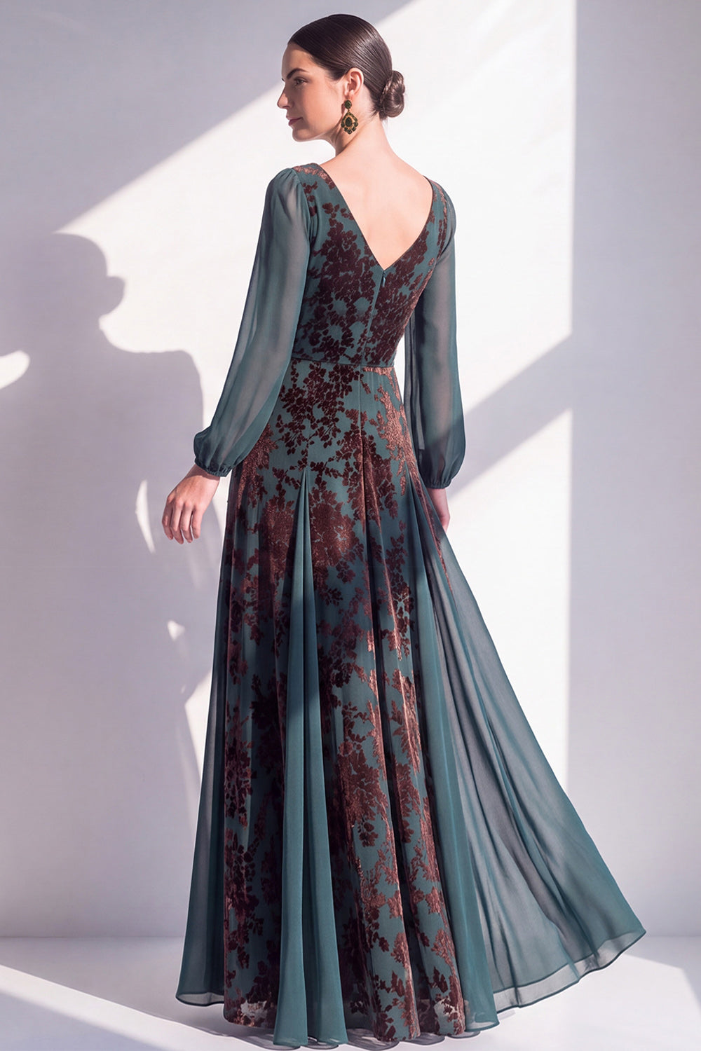 Floral V-Neck Dark Green Ruched Long Sleeves Velvet Holiday Dress with Sash