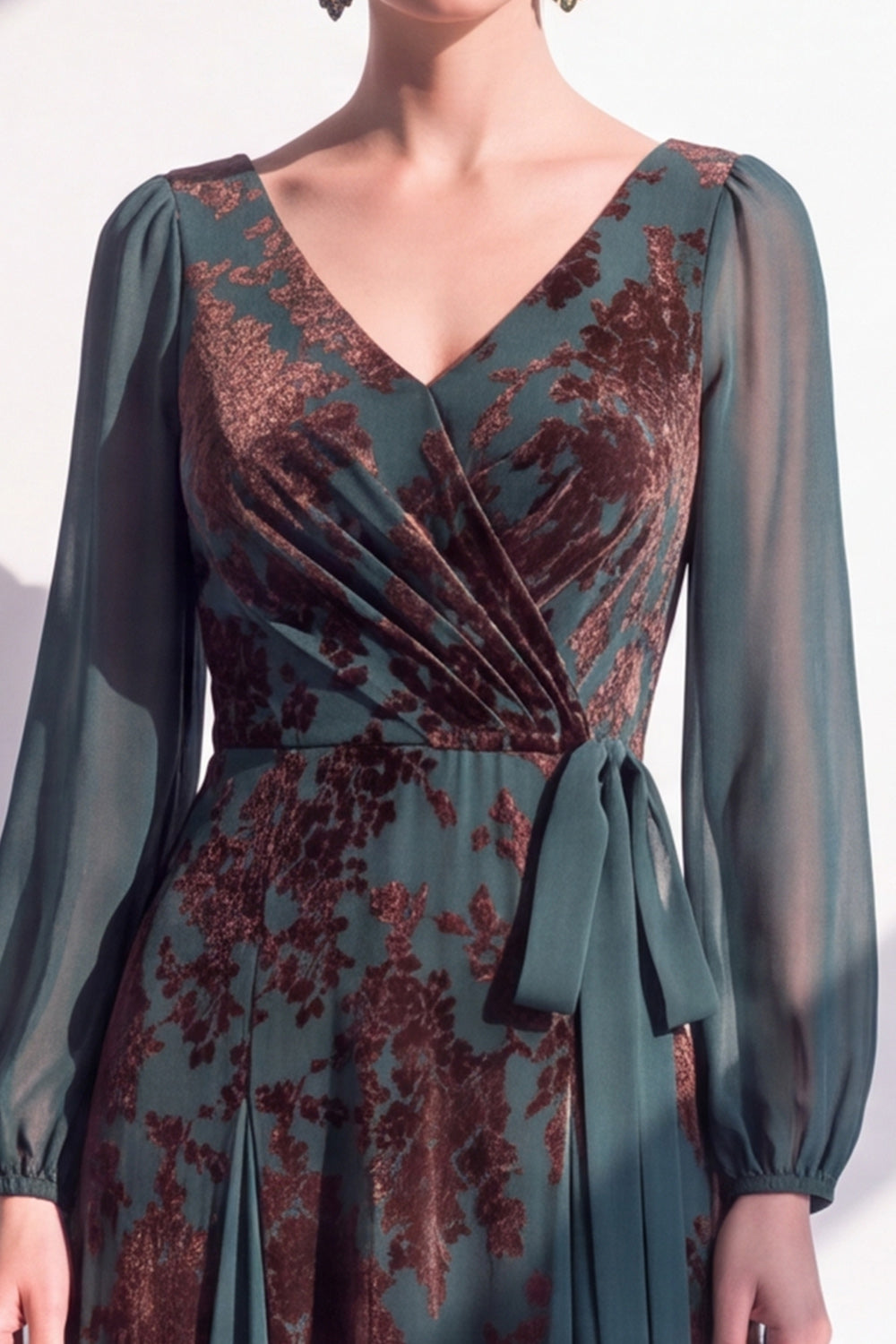Floral V-Neck Dark Green Ruched Long Sleeves Velvet Holiday Dress with Sash