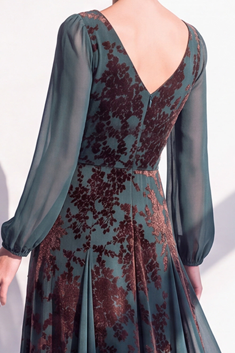 Floral V-Neck Dark Green Ruched Long Sleeves Velvet Holiday Dress with Sash