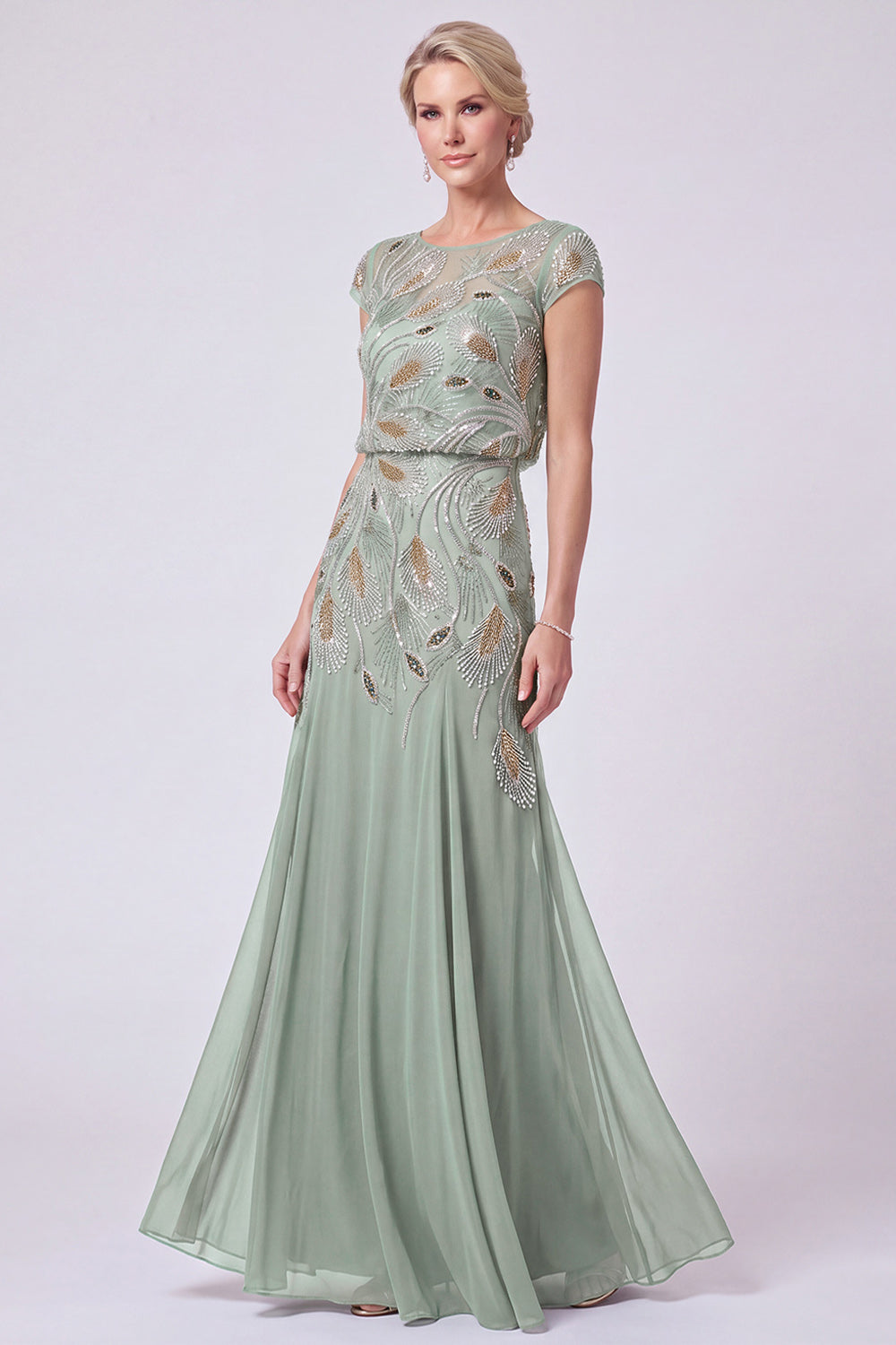 Navy Chiffon Sheath Cap Sleeves Beaded Long Mother of the Bride Dress