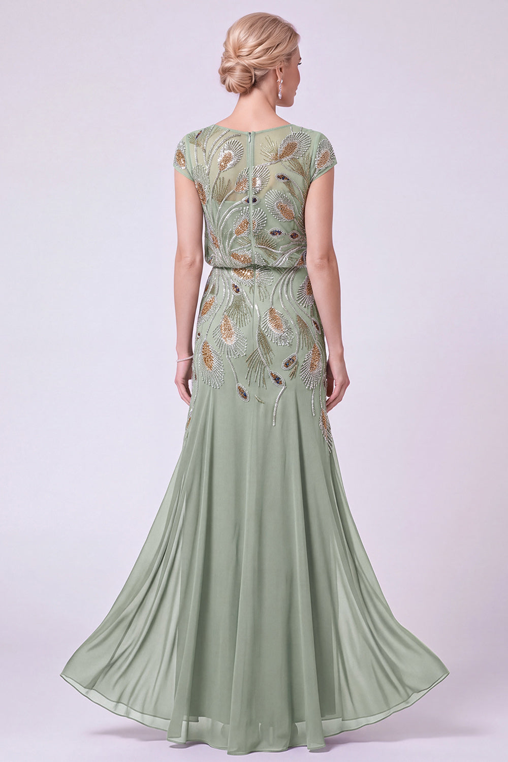 Navy Chiffon Sheath Cap Sleeves Beaded Long Mother of the Bride Dress