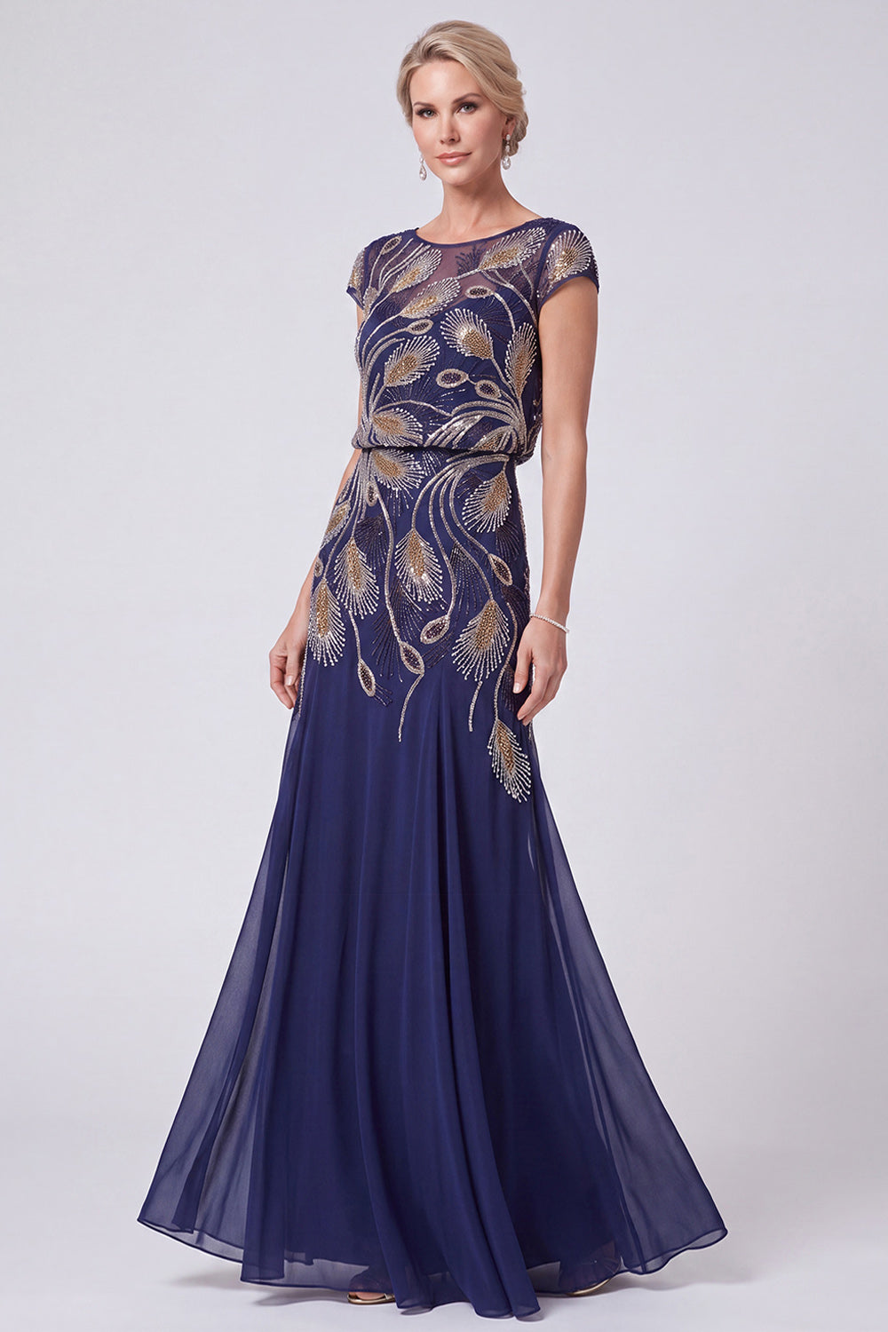 Navy Chiffon Sheath Cap Sleeves Beaded Long Mother of the Bride Dress