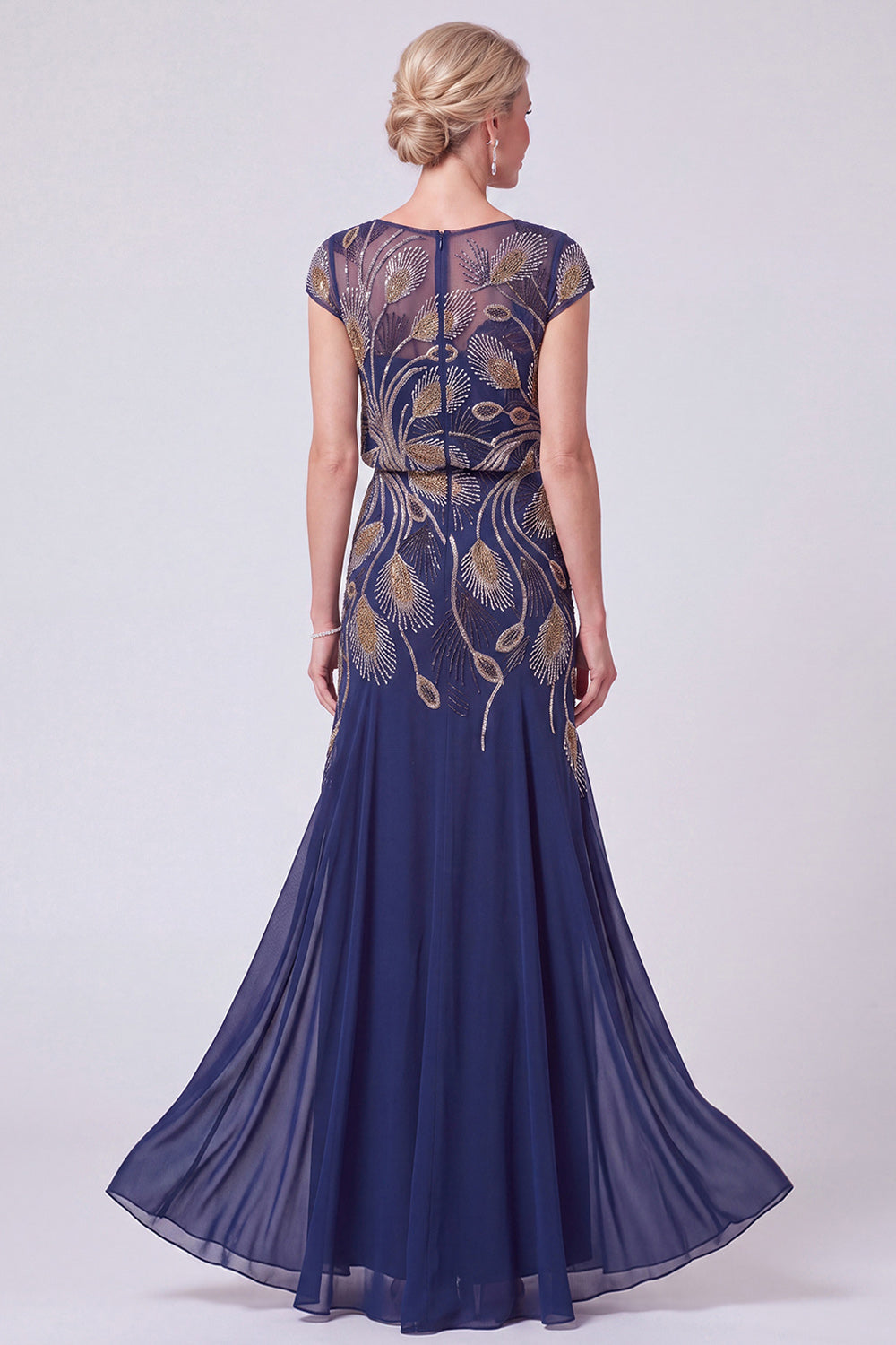 Navy Chiffon Sheath Cap Sleeves Beaded Long Mother of the Bride Dress