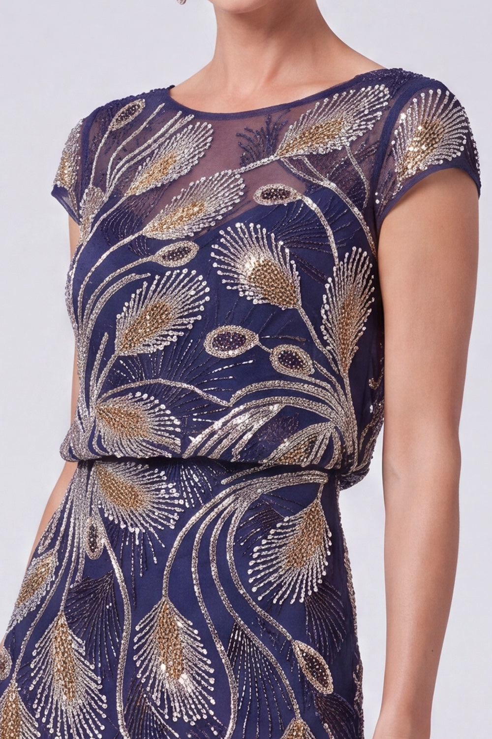 Navy Chiffon Sheath Cap Sleeves Beaded Long Mother of the Bride Dress