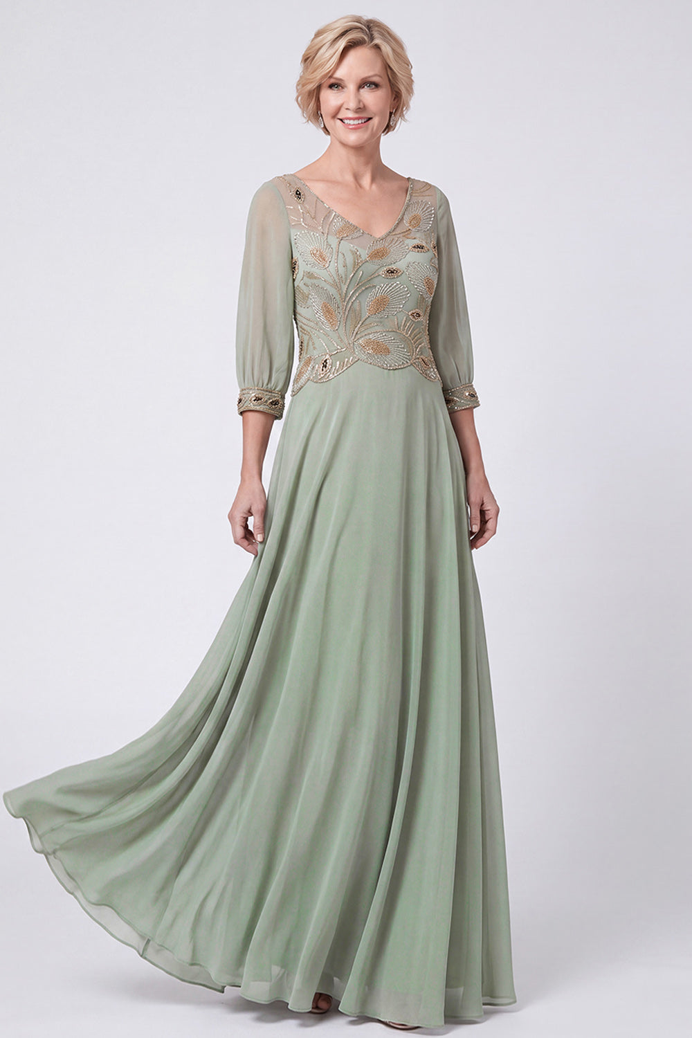 Navy Beaded A Line V-Neck Long Chiffon Mother of the Bride Dress with Sleeves