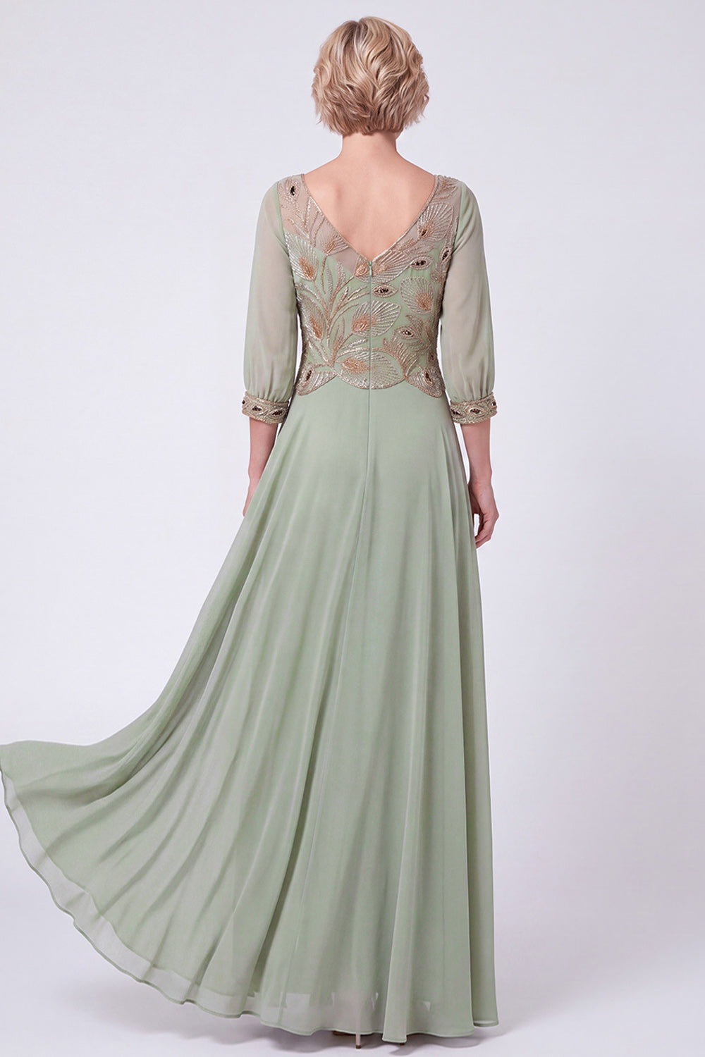 Navy Beaded A Line V-Neck Long Chiffon Mother of the Bride Dress with Sleeves