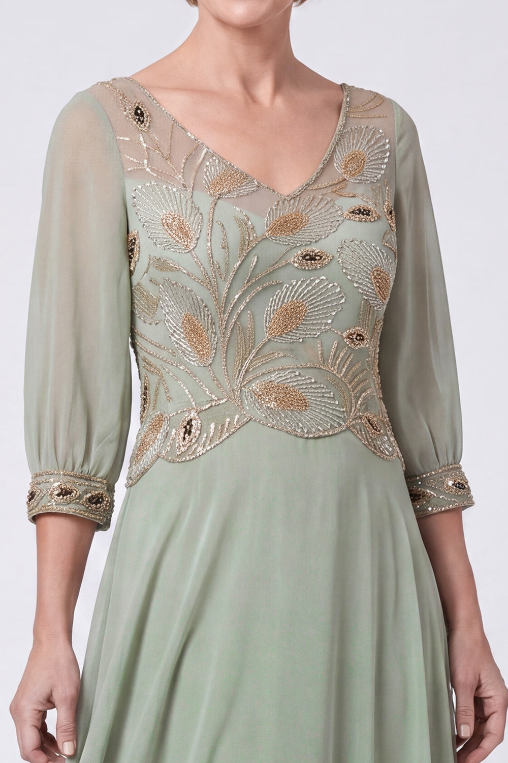 Navy Beaded A Line V-Neck Long Chiffon Mother of the Bride Dress with Sleeves